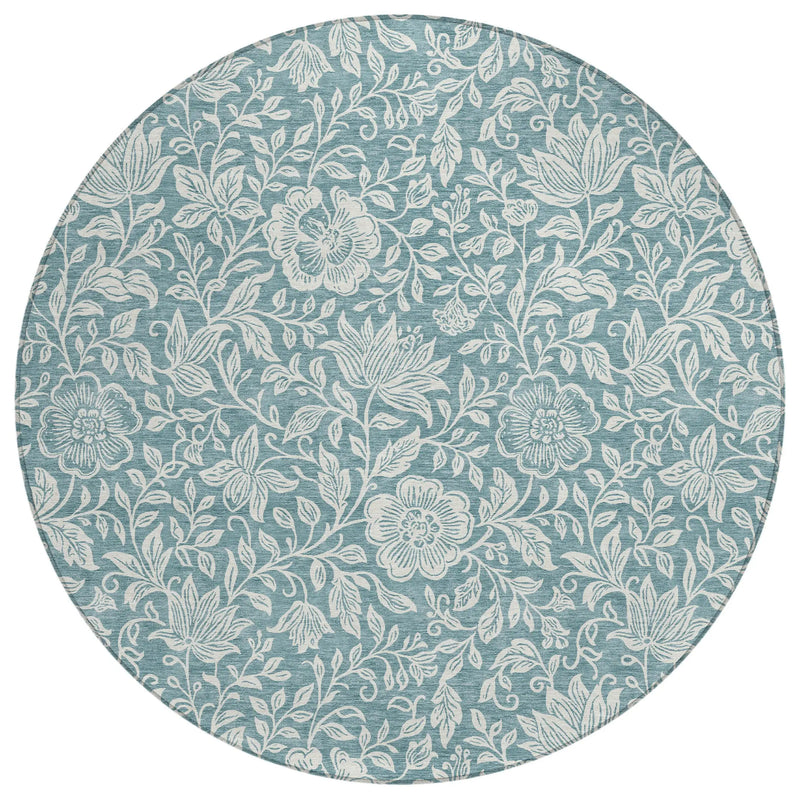 8' Teal Blue And Ivory Round Floral Washable Indoor Outdoor Area Rug Homeroots Outdoor