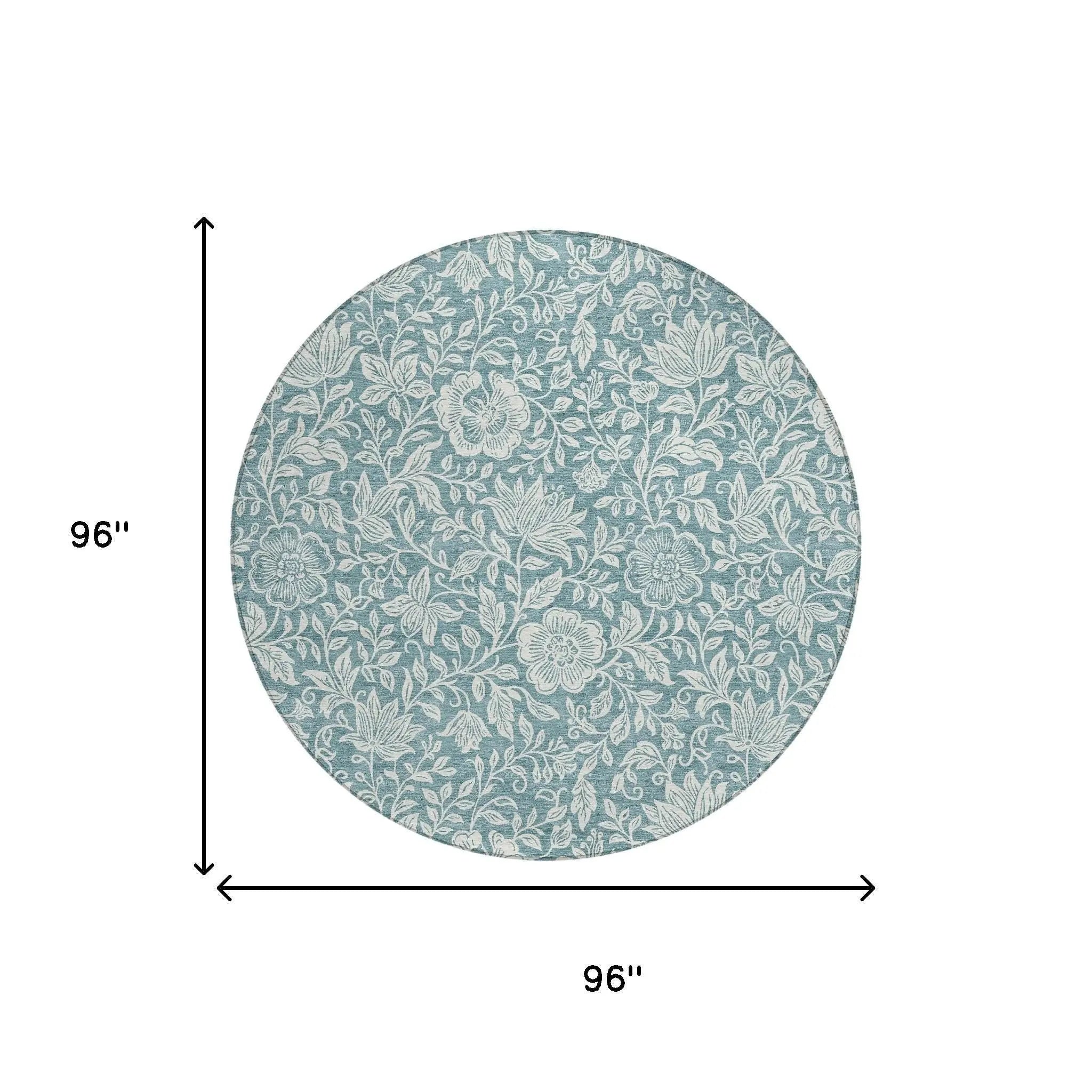 8' Teal Blue And Ivory Round Floral Washable Indoor Outdoor Area Rug Homeroots Outdoor
