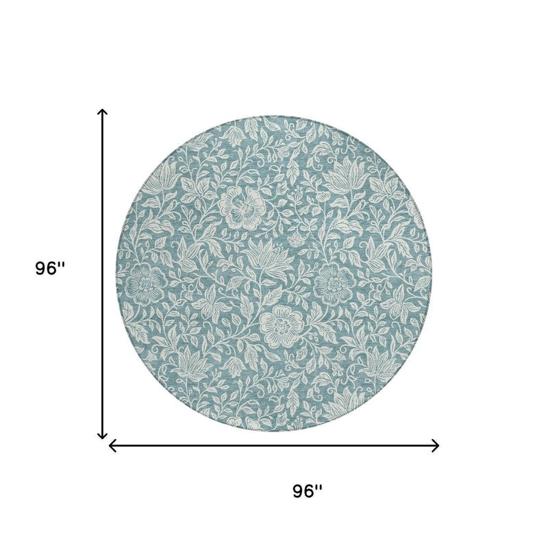 8' Teal Blue And Ivory Round Floral Washable Indoor Outdoor Area Rug Homeroots Outdoor