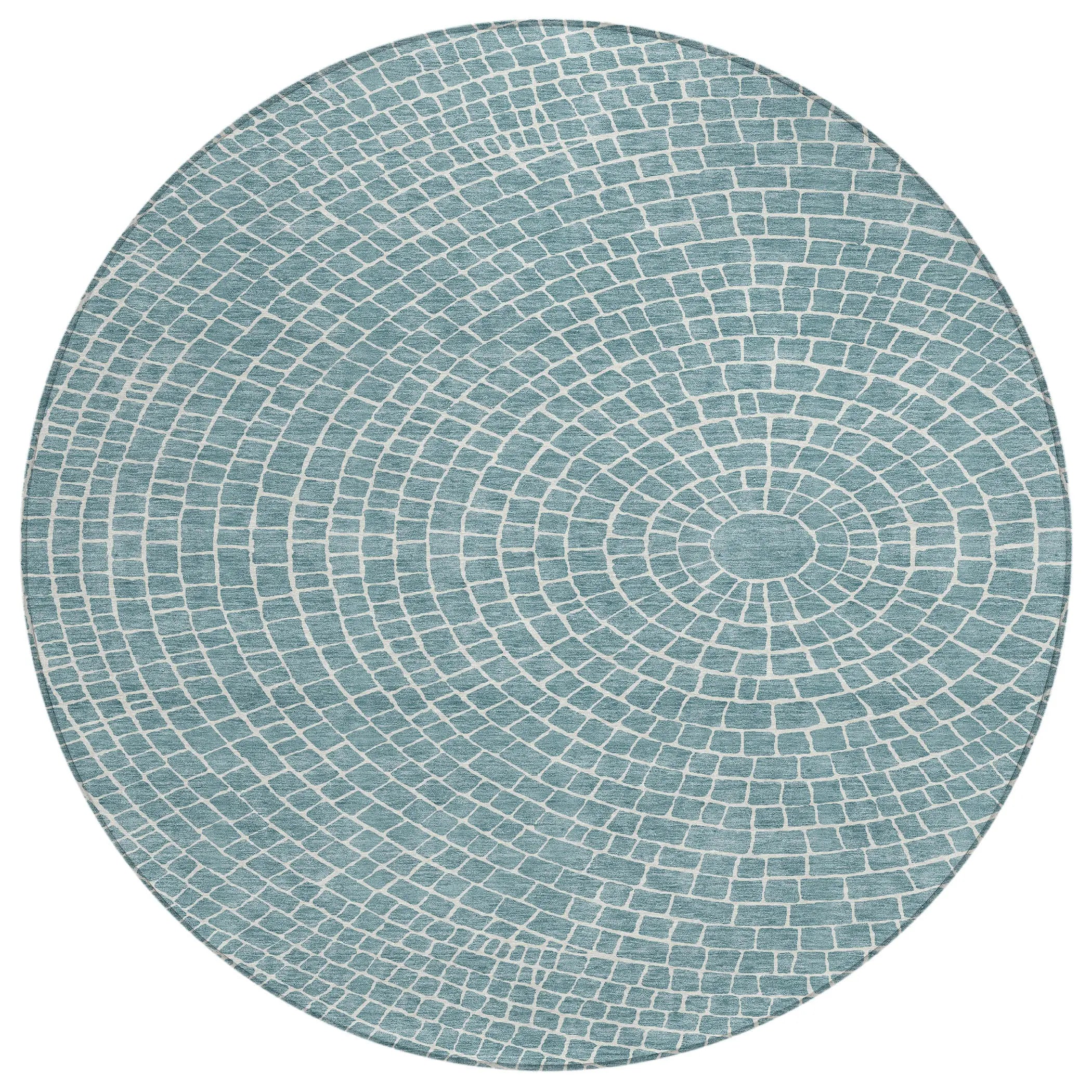8' Teal Blue And Ivory Round Geometric Washable Indoor Outdoor Area Rug Homeroots Outdoor
