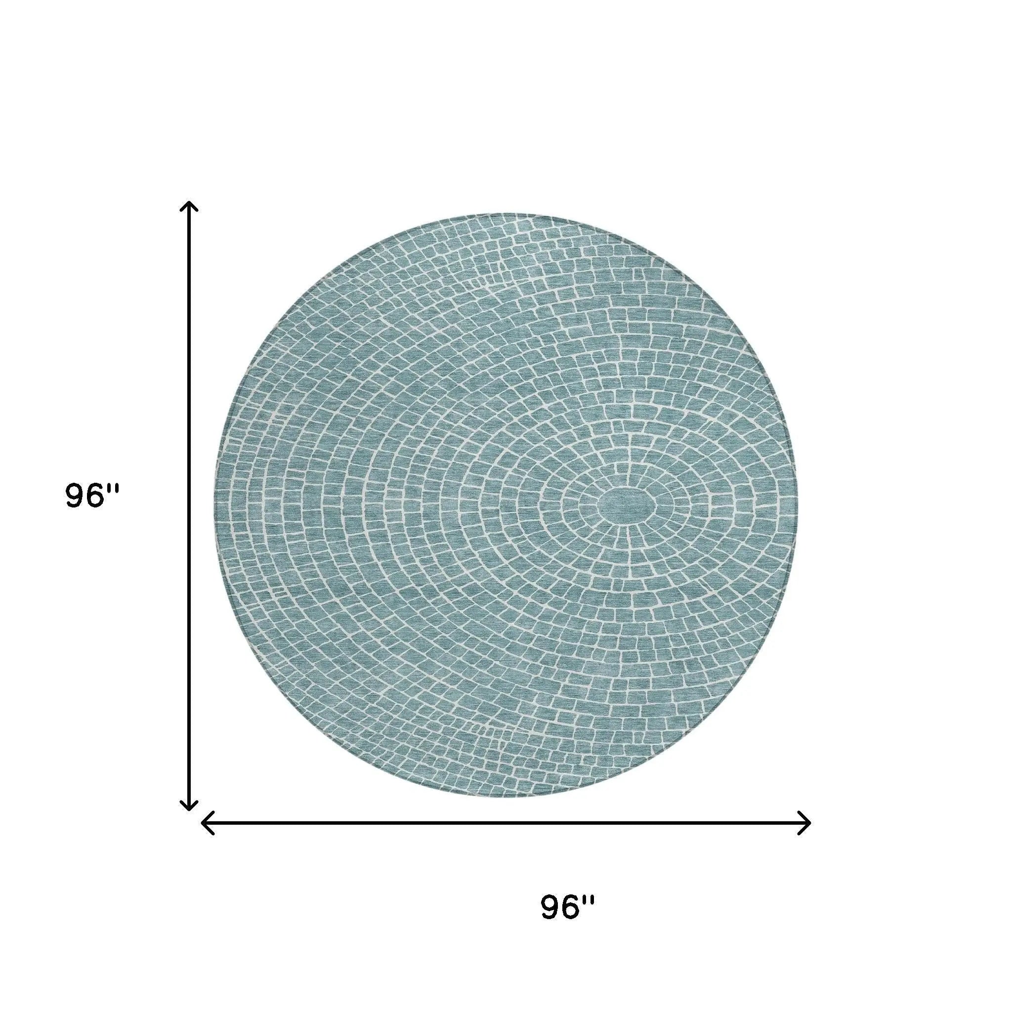 8' Teal Blue And Ivory Round Geometric Washable Indoor Outdoor Area Rug Homeroots Outdoor