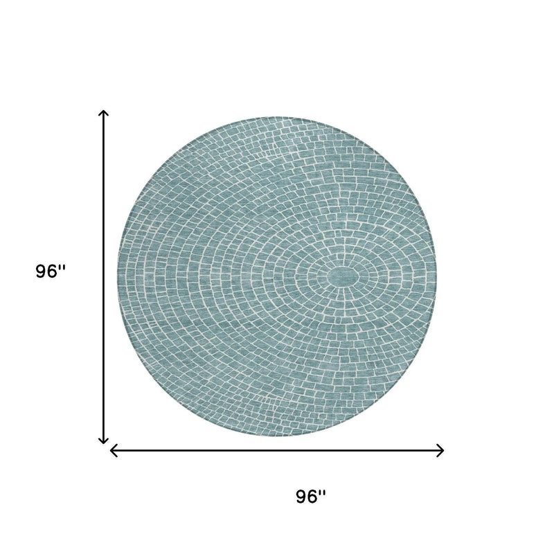8' Teal Blue And Ivory Round Geometric Washable Indoor Outdoor Area Rug Homeroots Outdoor