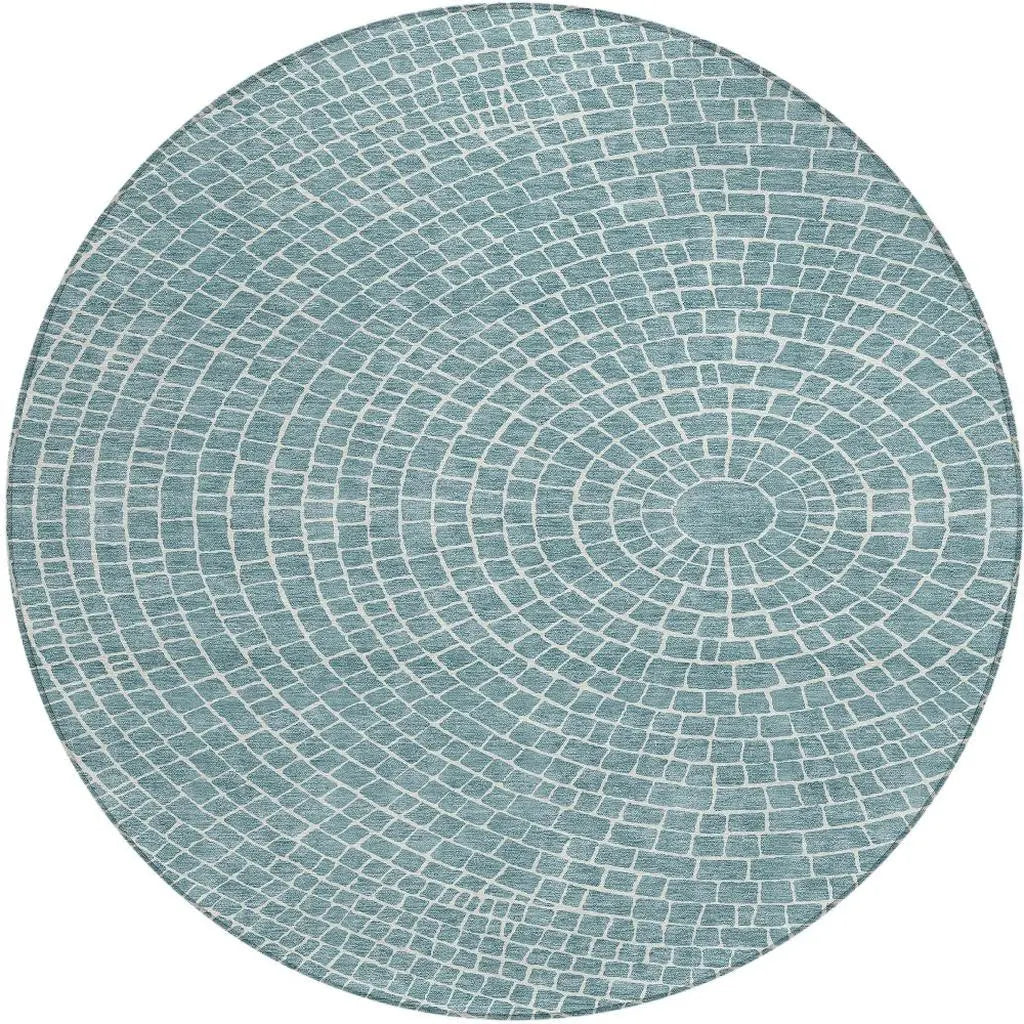 8' Teal Blue And Ivory Round Geometric Washable Indoor Outdoor Area Rug Homeroots Outdoor