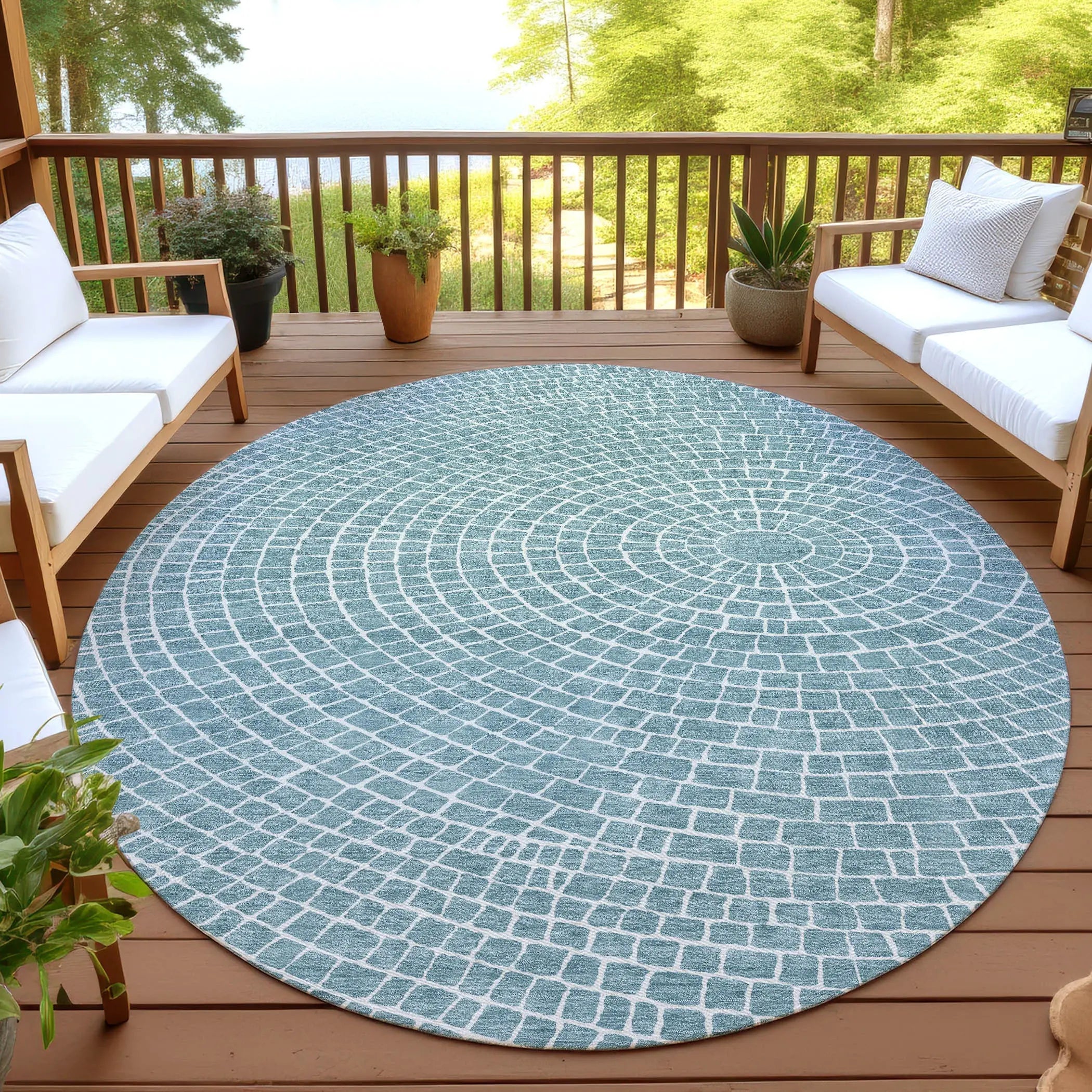 8' Teal Blue And Ivory Round Geometric Washable Indoor Outdoor Area Rug Homeroots Outdoor