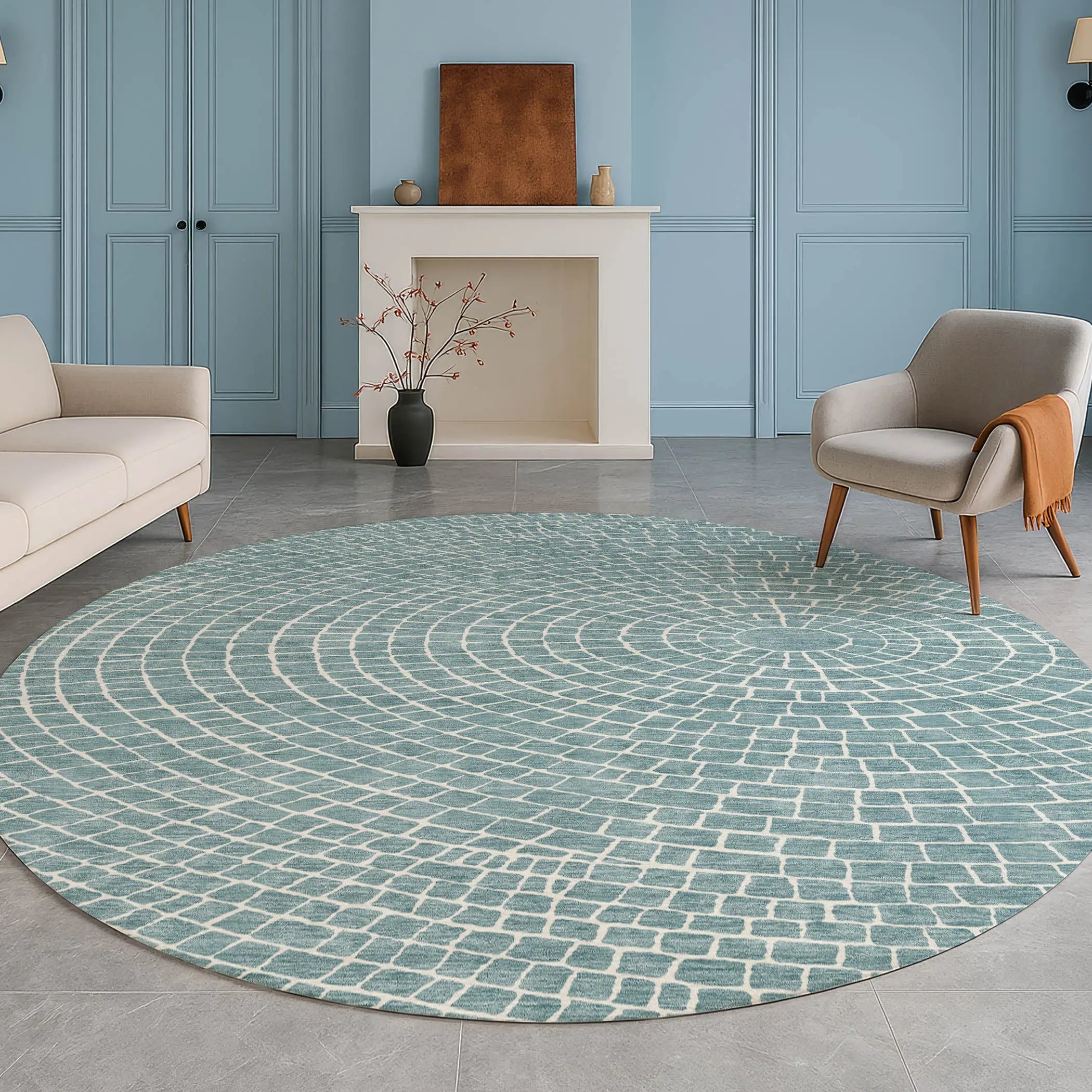 8' Teal Blue And Ivory Round Geometric Washable Indoor Outdoor Area Rug Homeroots Outdoor