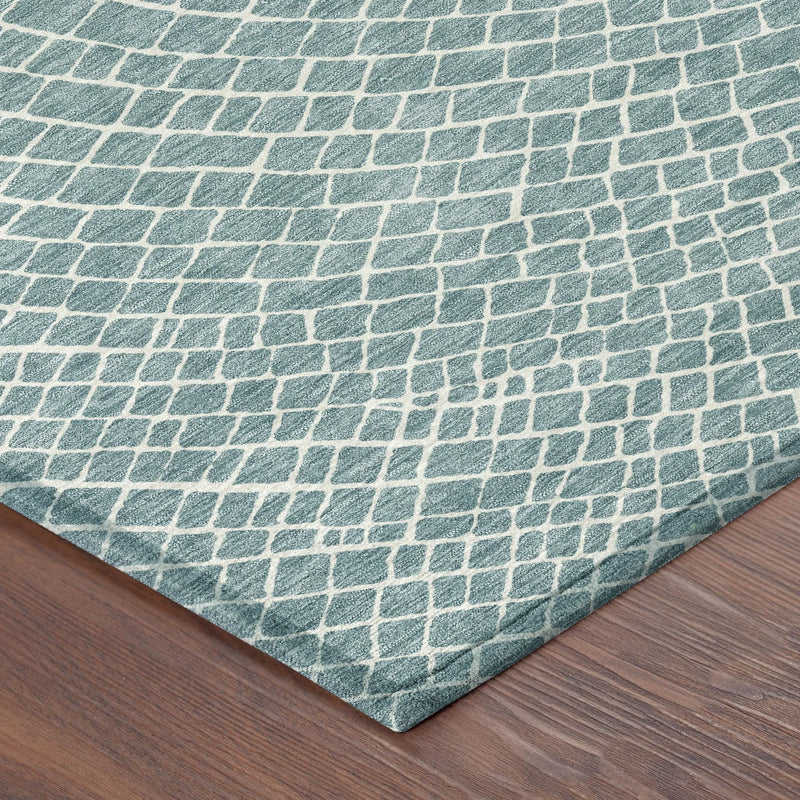 8' Teal Blue And Ivory Round Geometric Washable Indoor Outdoor Area Rug Homeroots Outdoor
