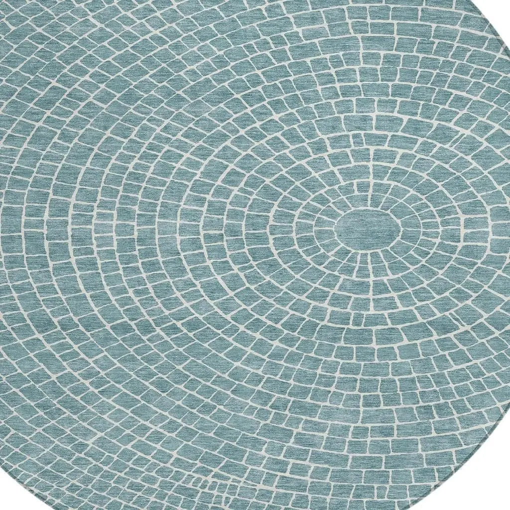 8' Teal Blue And Ivory Round Geometric Washable Indoor Outdoor Area Rug Homeroots Outdoor