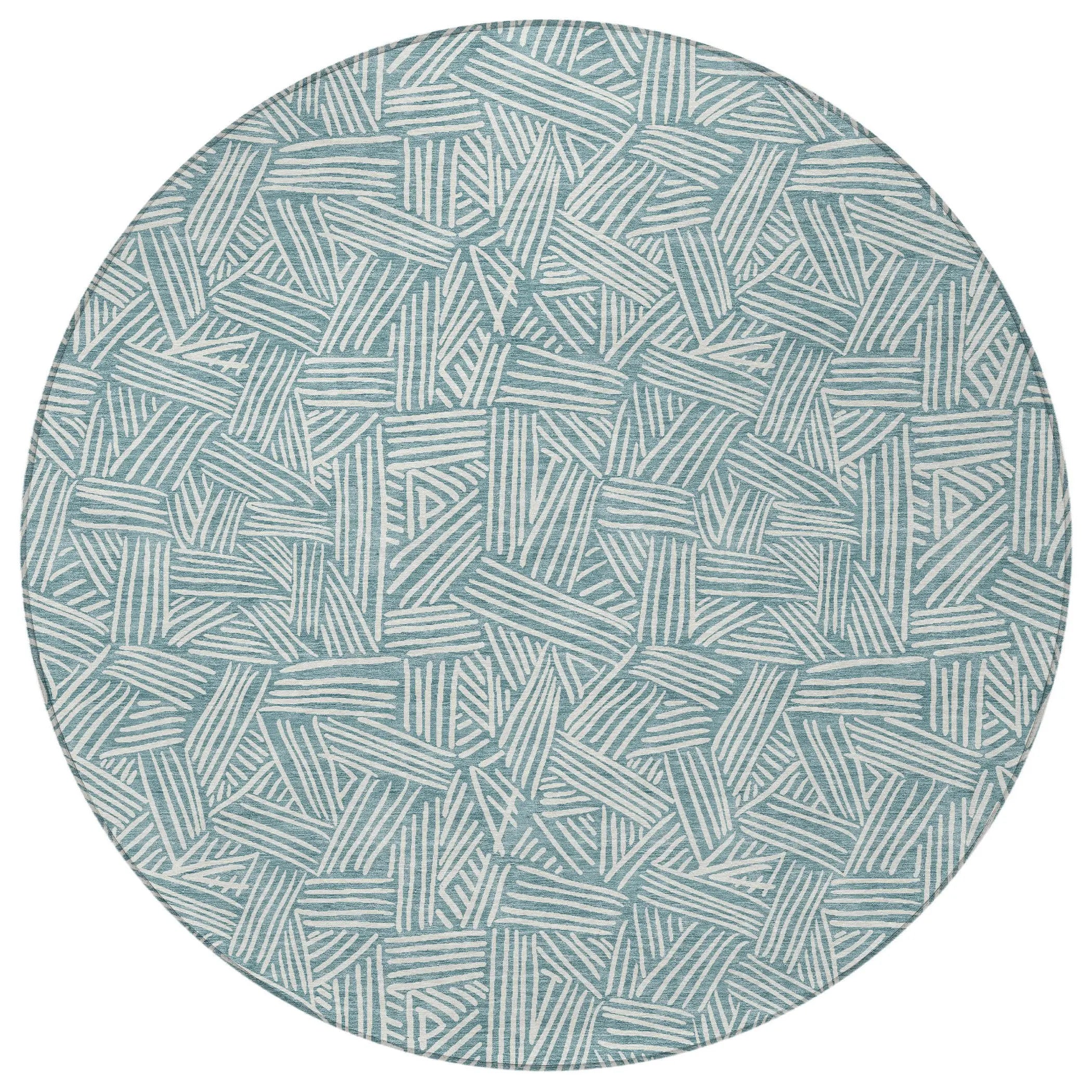 8' Teal Blue And Ivory Round Geometric Washable Indoor Outdoor Area Rug Homeroots Outdoor