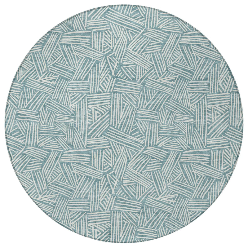 8' Teal Blue And Ivory Round Geometric Washable Indoor Outdoor Area Rug Homeroots Outdoor