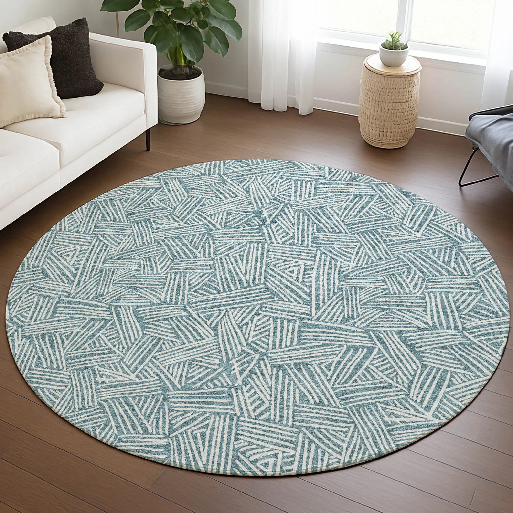 8' Teal Blue And Ivory Round Geometric Washable Indoor Outdoor Area Rug Homeroots Outdoor