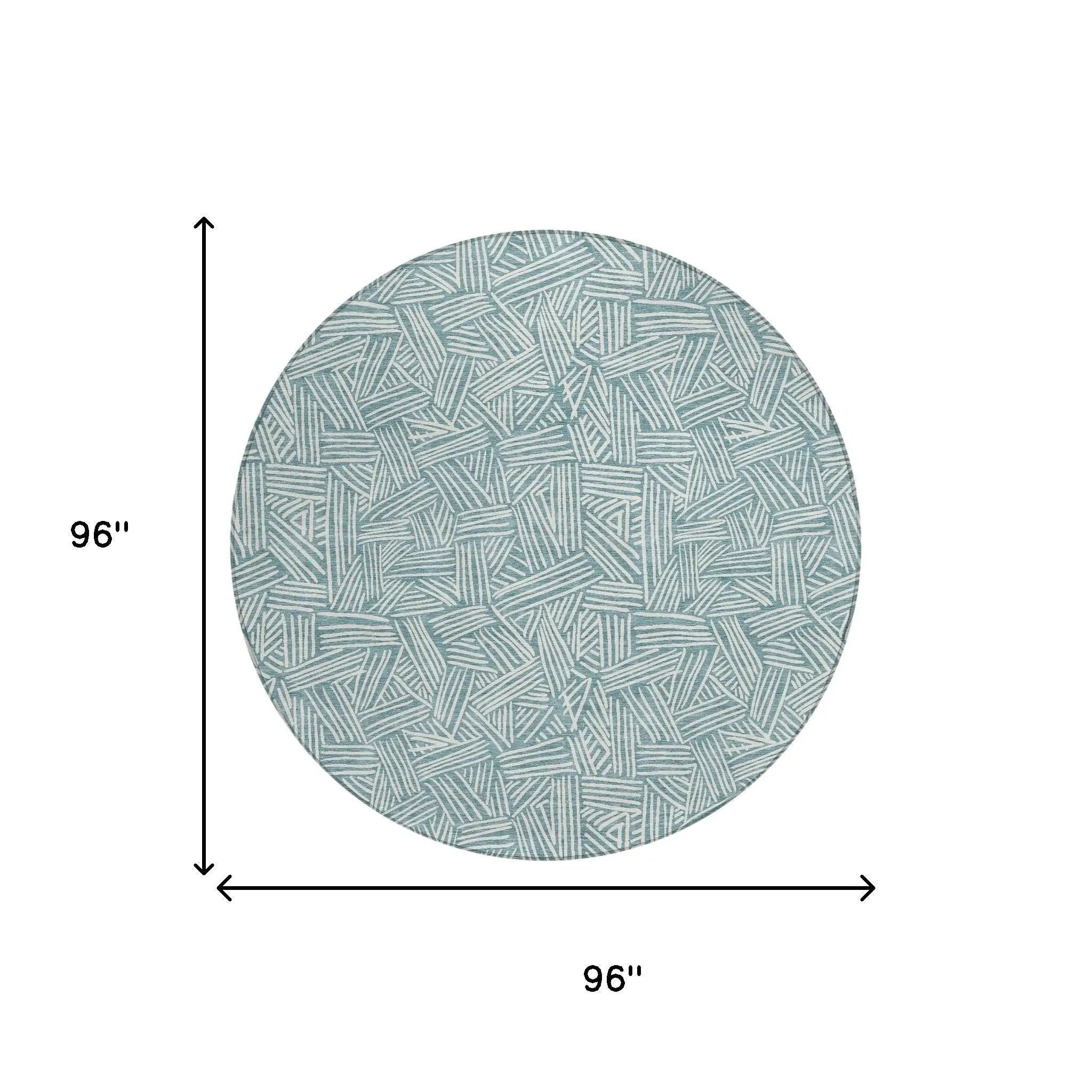 8' Teal Blue And Ivory Round Geometric Washable Indoor Outdoor Area Rug Homeroots Outdoor