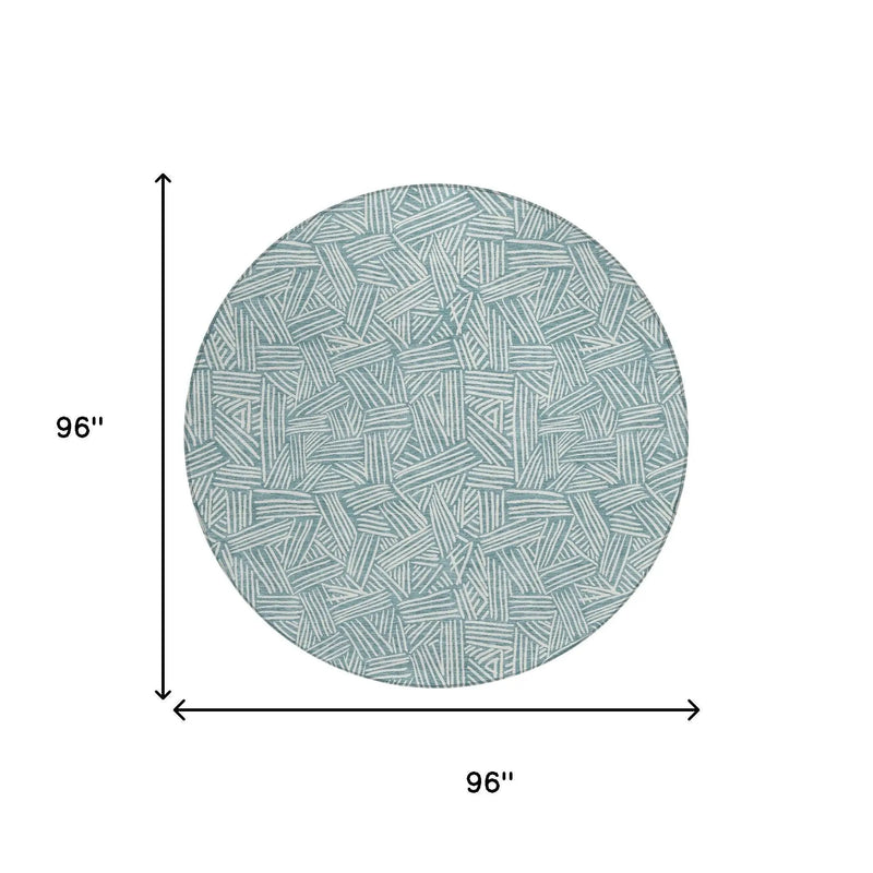 8' Teal Blue And Ivory Round Geometric Washable Indoor Outdoor Area Rug Homeroots Outdoor