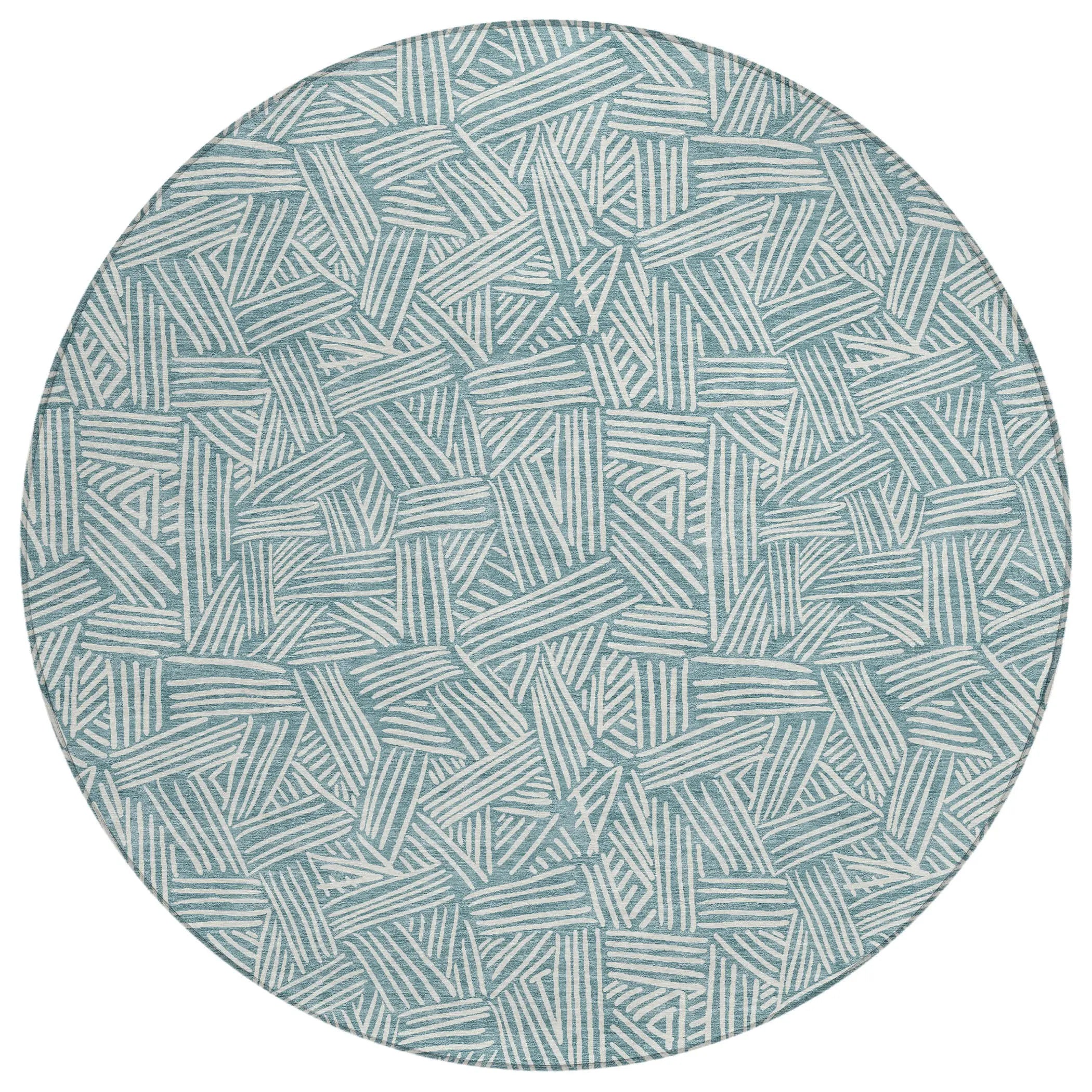 8' Teal Blue And Ivory Round Geometric Washable Indoor Outdoor Area Rug Homeroots Outdoor