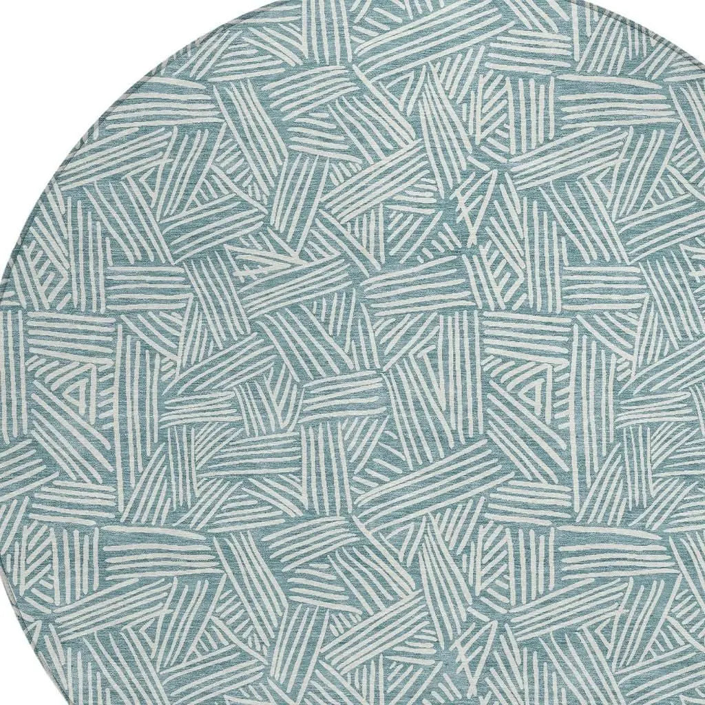 8' Teal Blue And Ivory Round Geometric Washable Indoor Outdoor Area Rug Homeroots Outdoor