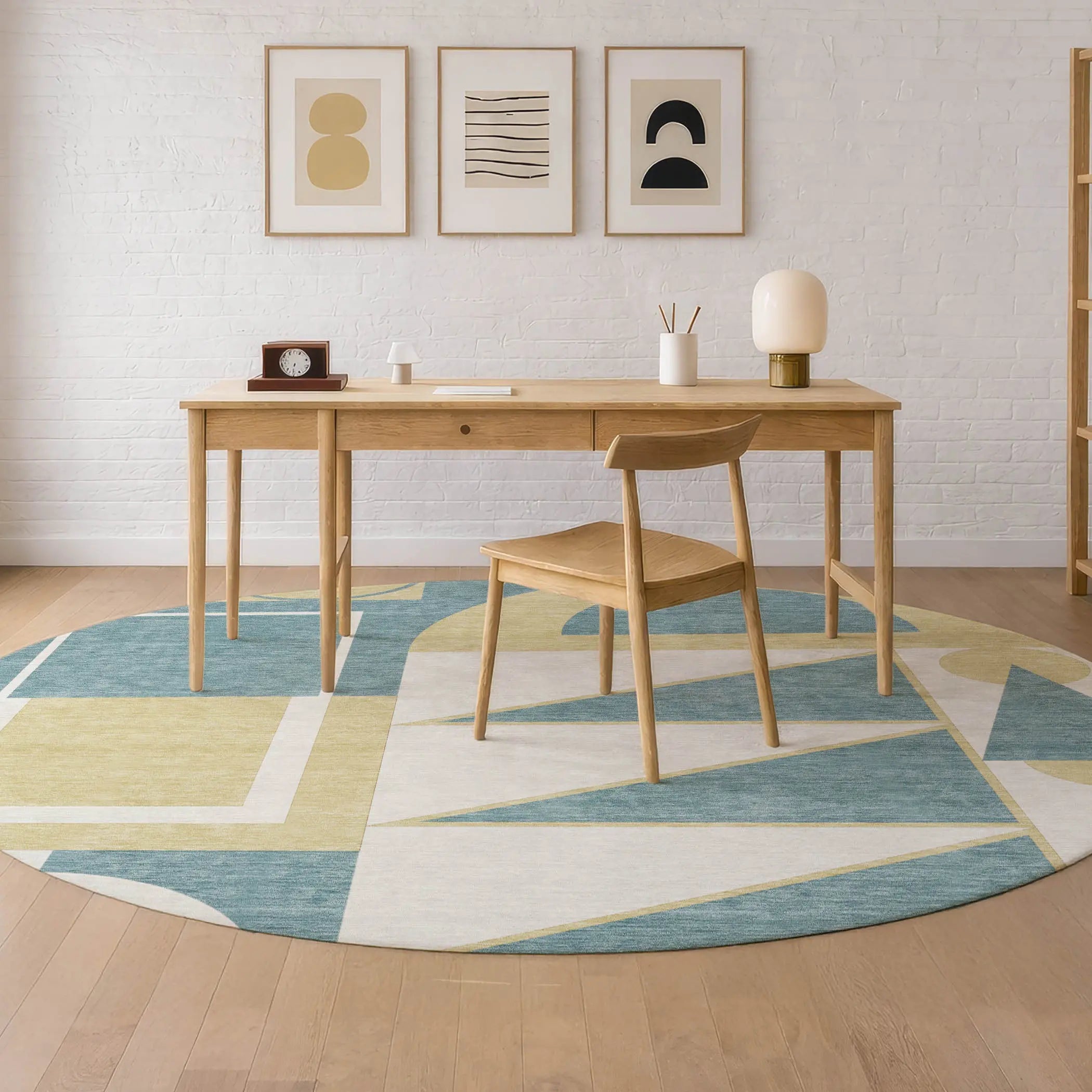 8' Teal Blue And Ivory Round Geometric Washable Indoor Outdoor Area Rug Homeroots Outdoor