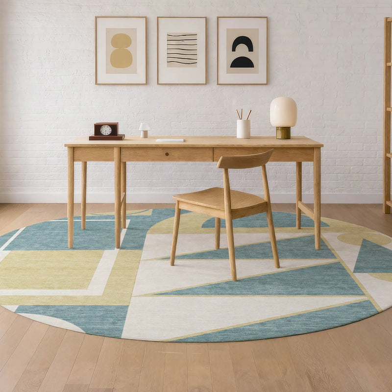 8' Teal Blue And Ivory Round Geometric Washable Indoor Outdoor Area Rug Homeroots Outdoor