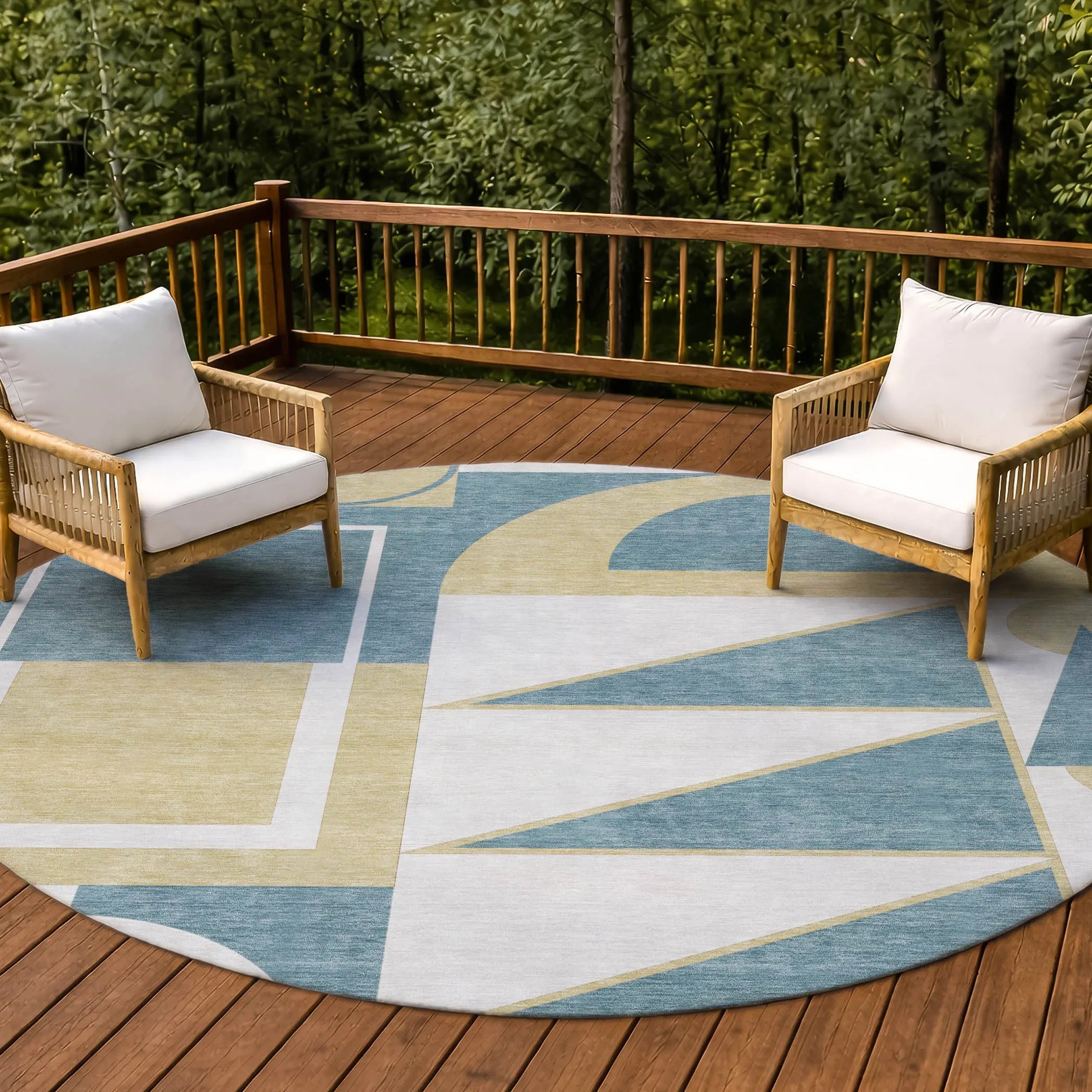 8' Teal Blue And Ivory Round Geometric Washable Indoor Outdoor Area Rug Homeroots Outdoor
