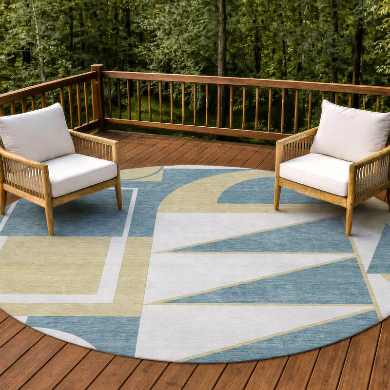 8' Teal Blue And Ivory Round Geometric Washable Indoor Outdoor Area Rug Homeroots Outdoor