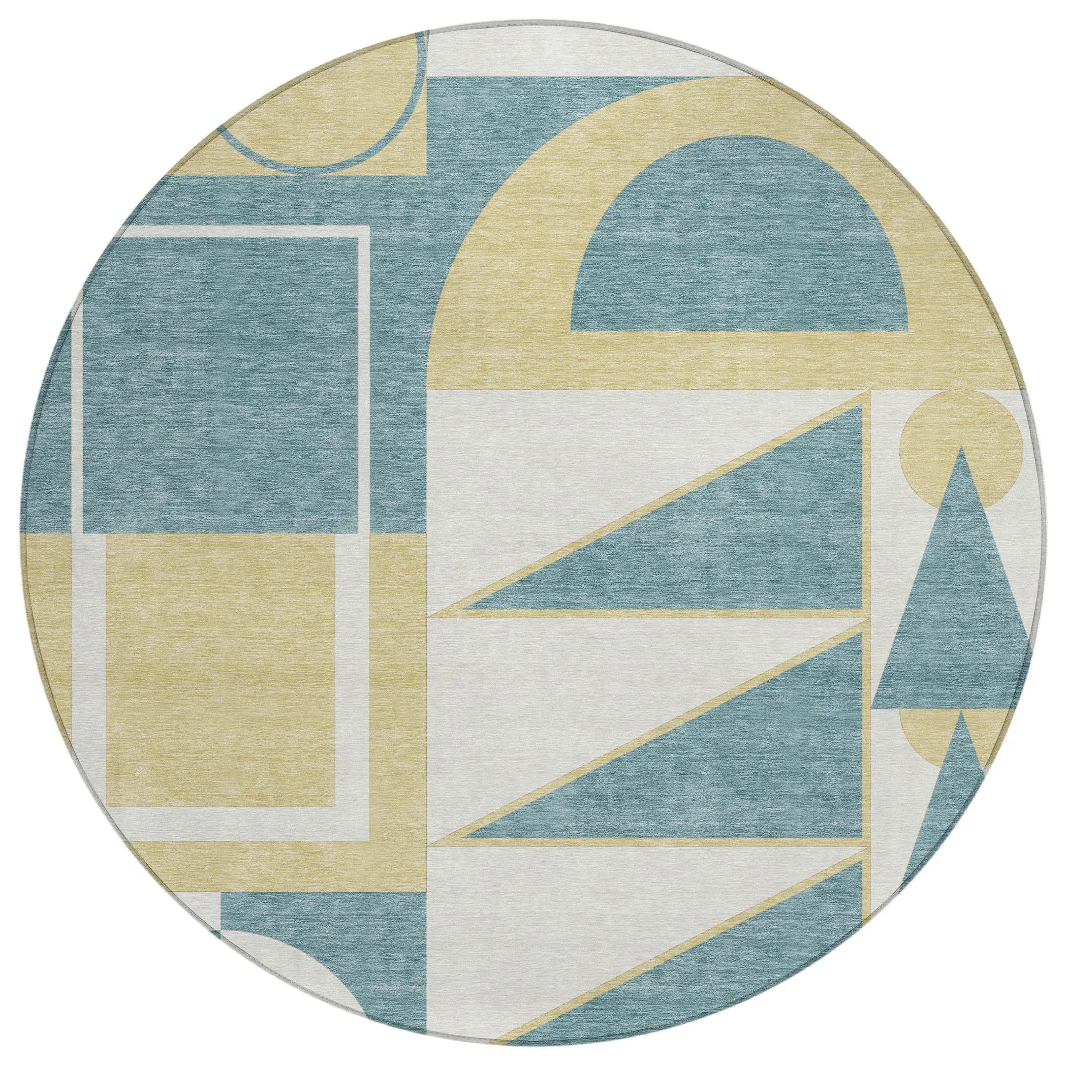 8' Teal Blue And Ivory Round Geometric Washable Indoor Outdoor Area Rug Homeroots Outdoor