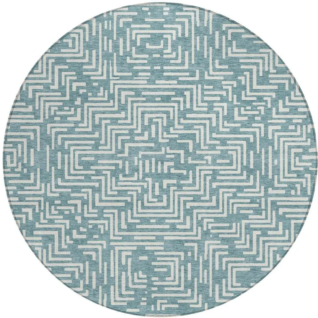 8' Teal Blue And Ivory Round Geometric Washable Indoor Outdoor Area Rug Homeroots Outdoor
