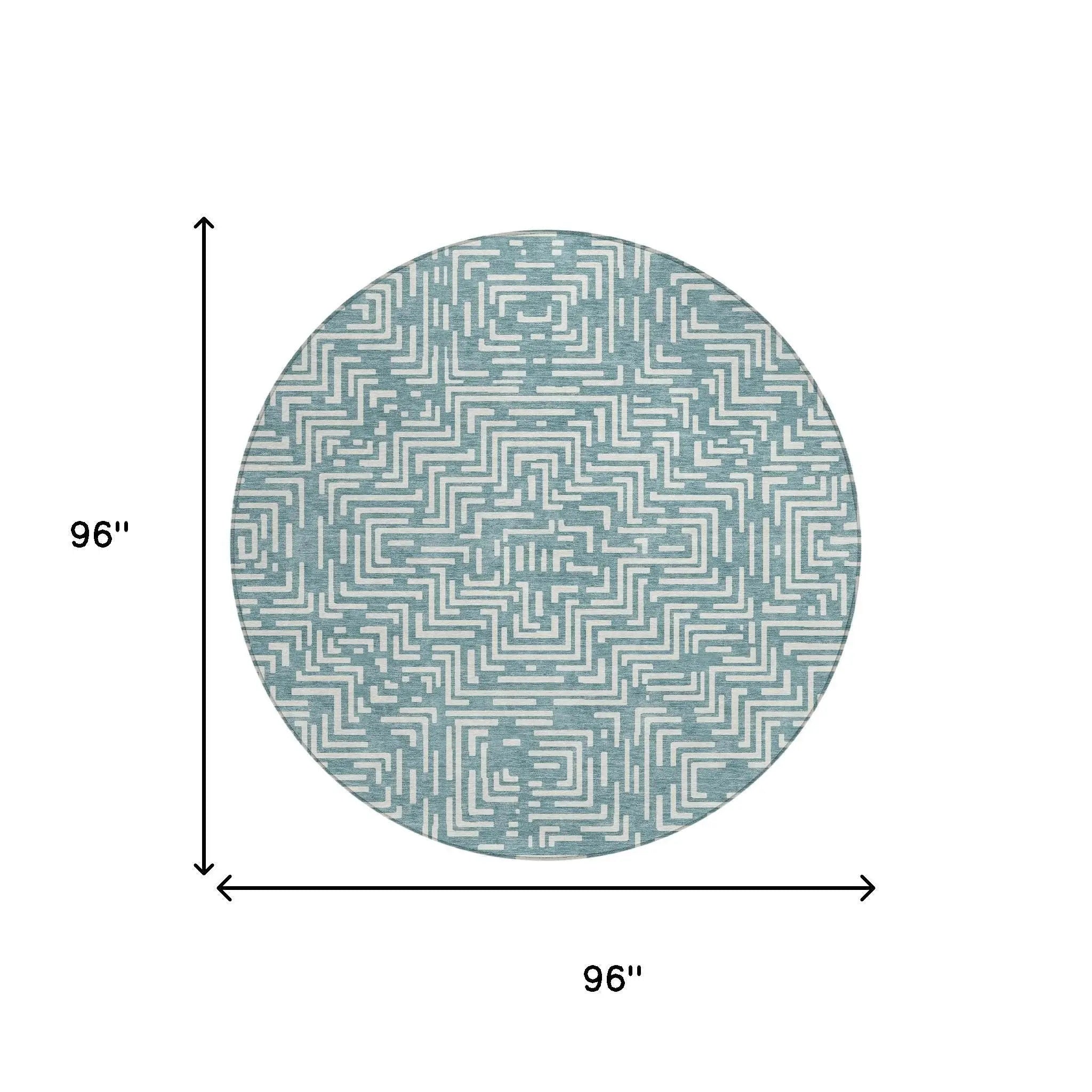 8' Teal Blue And Ivory Round Geometric Washable Indoor Outdoor Area Rug Homeroots Outdoor