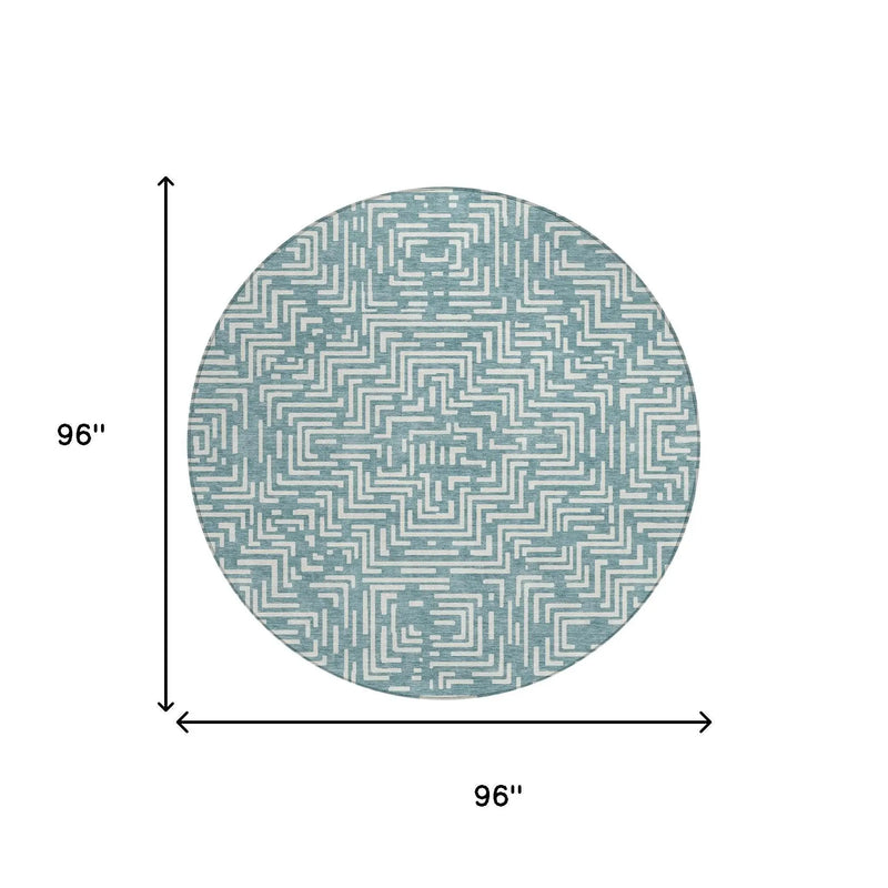8' Teal Blue And Ivory Round Geometric Washable Indoor Outdoor Area Rug Homeroots Outdoor