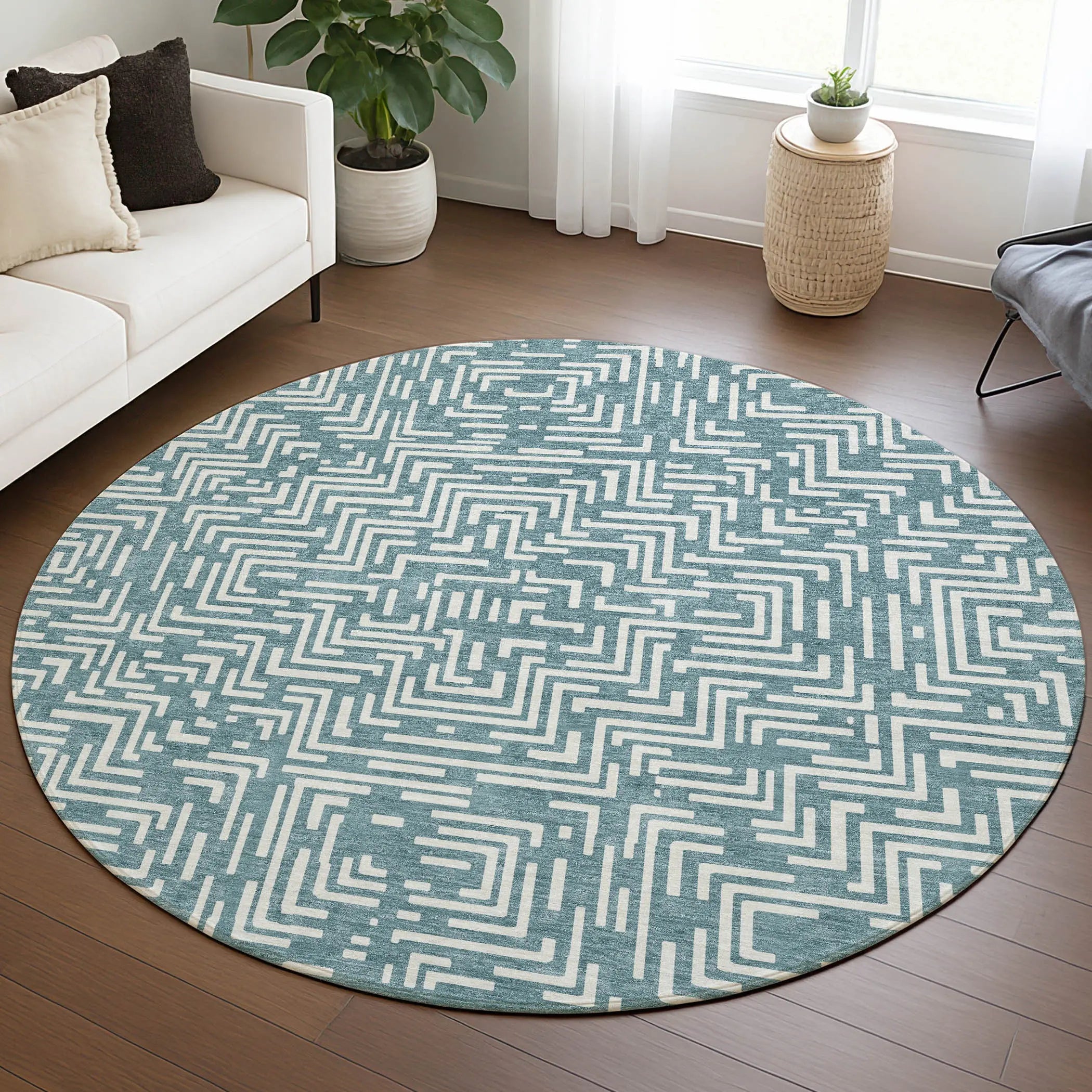 8' Teal Blue And Ivory Round Geometric Washable Indoor Outdoor Area Rug Homeroots Outdoor