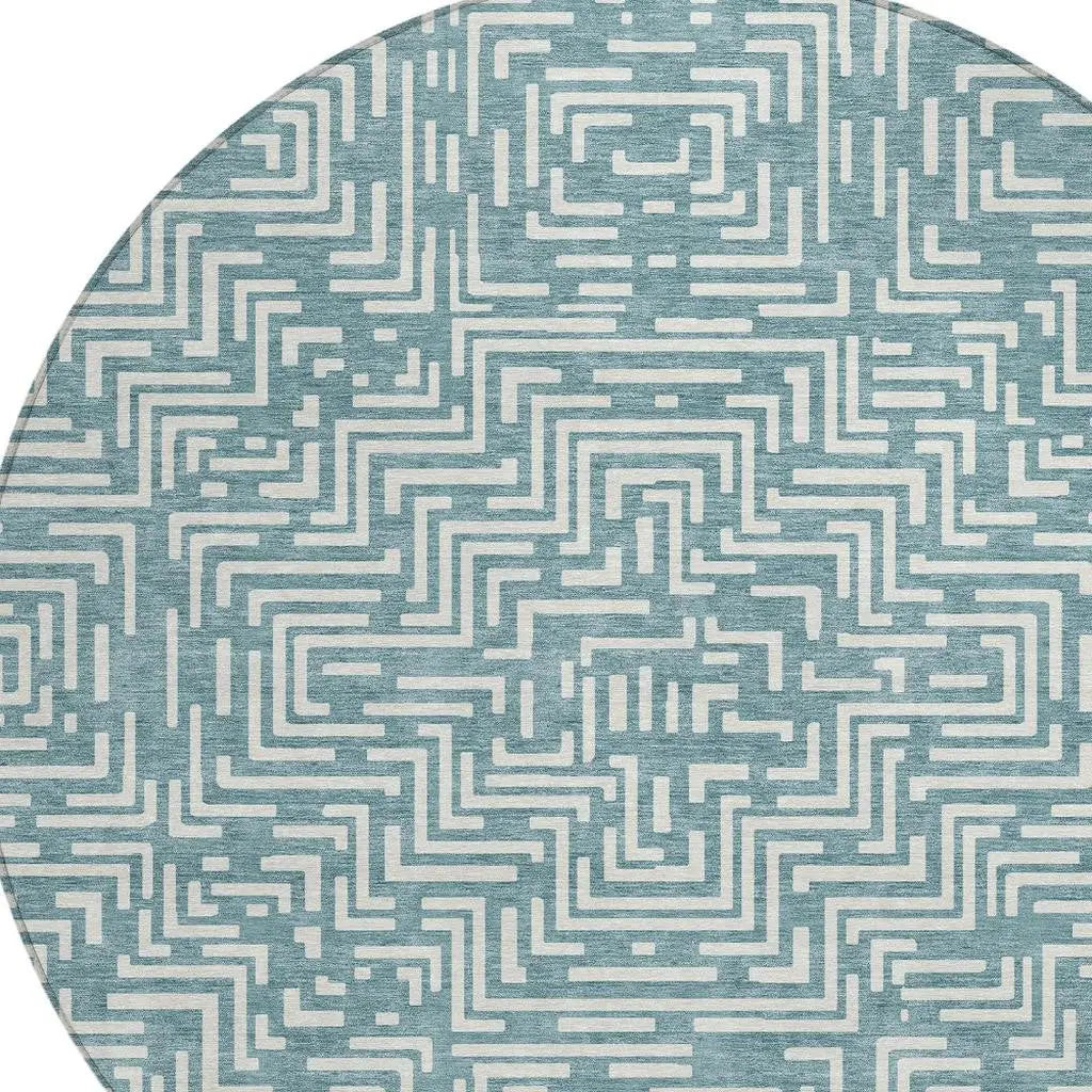 8' Teal Blue And Ivory Round Geometric Washable Indoor Outdoor Area Rug Homeroots Outdoor