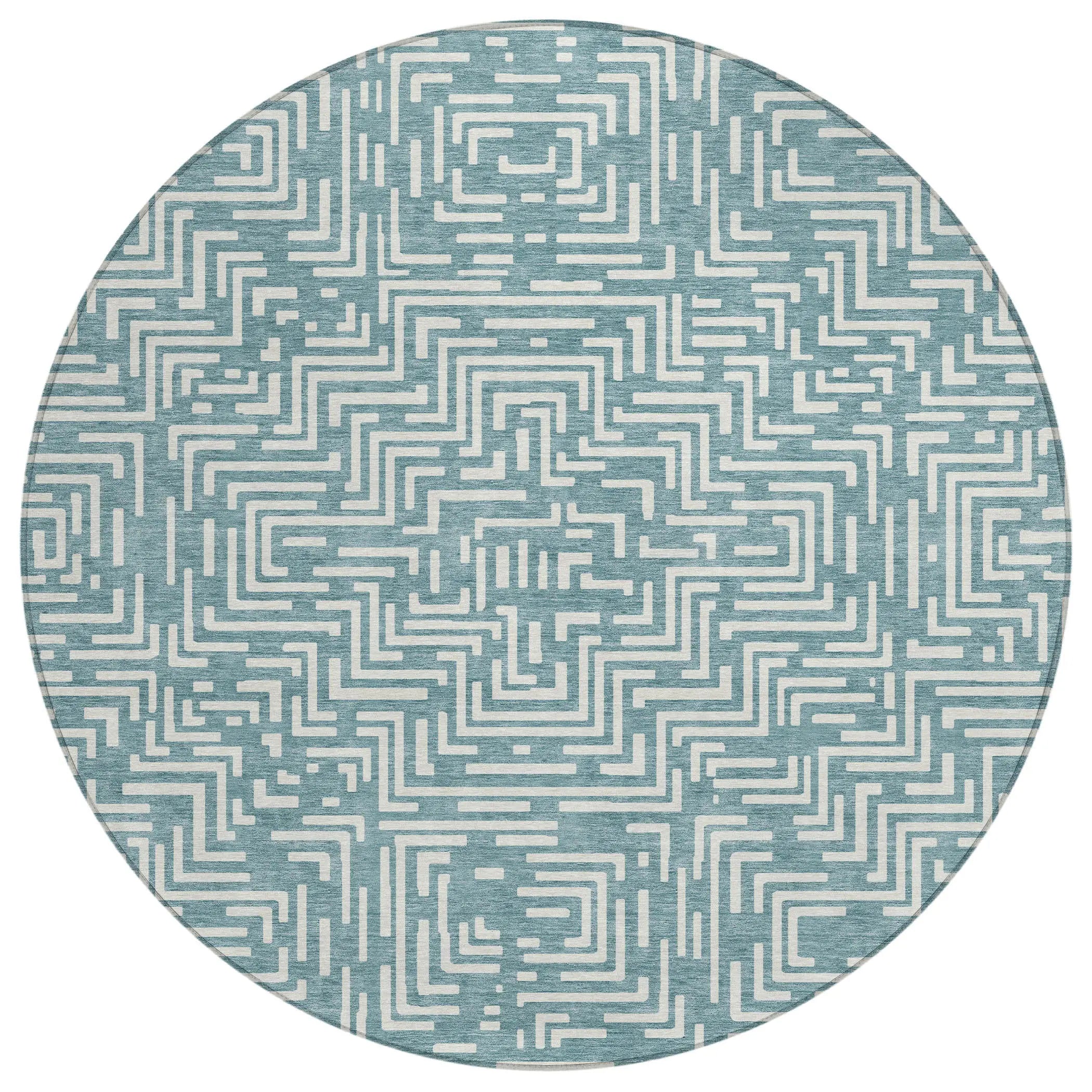 8' Teal Blue And Ivory Round Geometric Washable Indoor Outdoor Area Rug Homeroots Outdoor