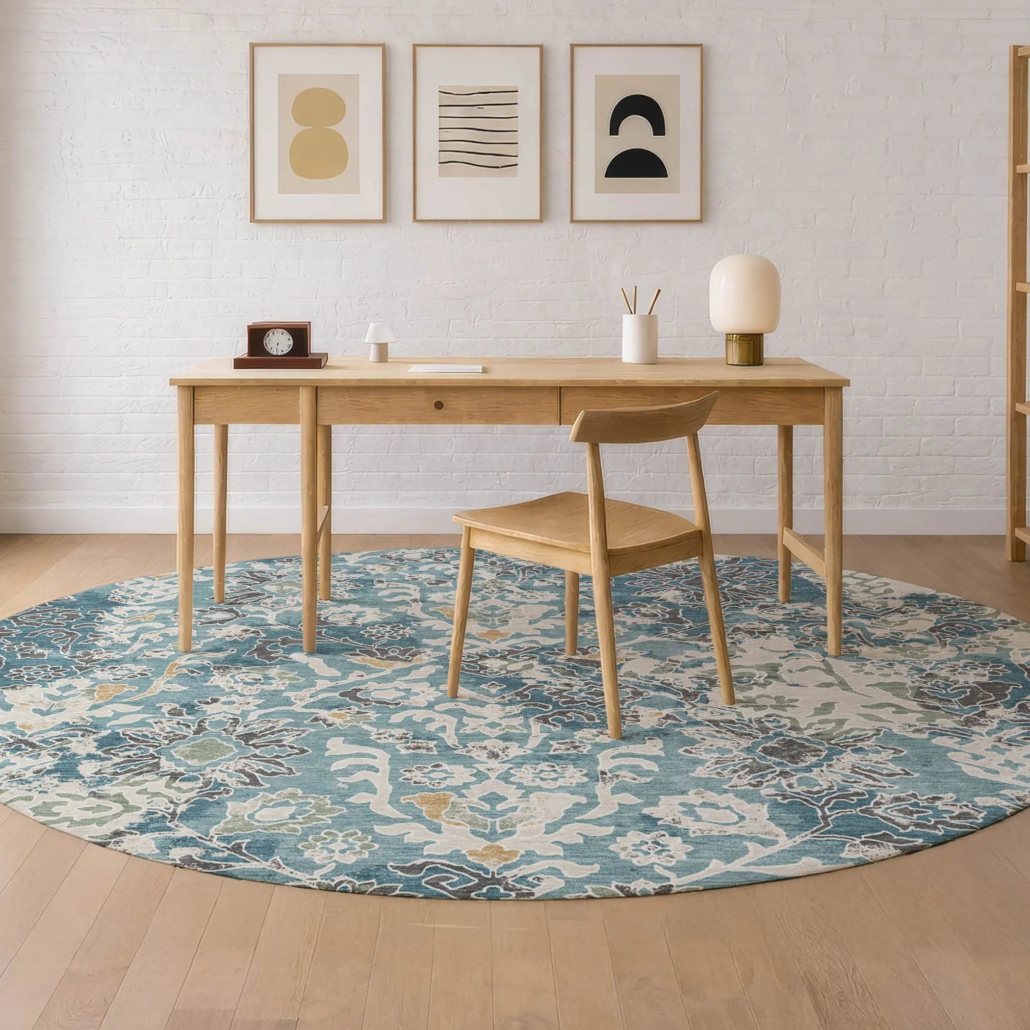 8' Teal Blue And Ivory Round Geometric Washable Indoor Outdoor Area Rug Homeroots Outdoor