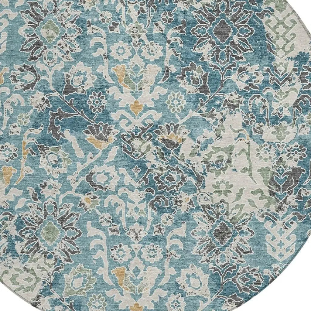 8' Teal Blue And Ivory Round Geometric Washable Indoor Outdoor Area Rug Homeroots Outdoor