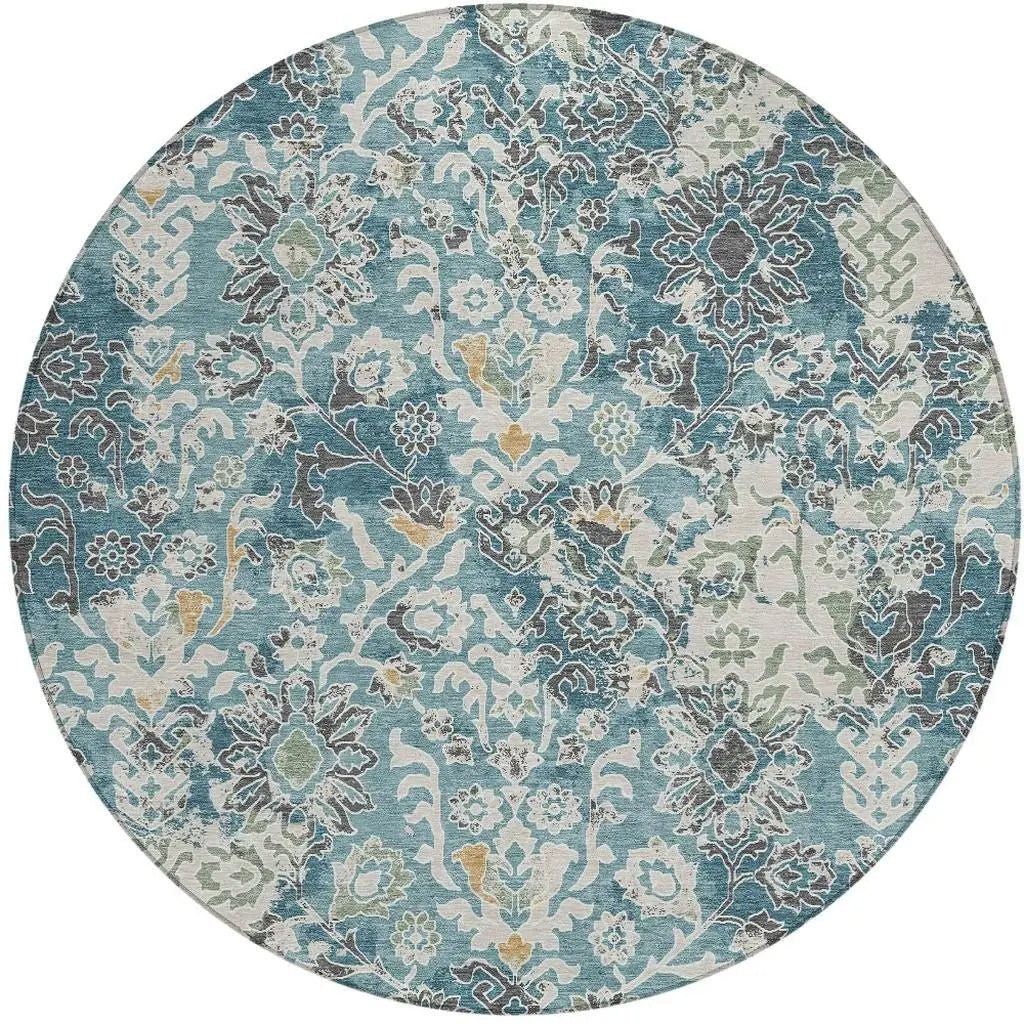 8' Teal Blue And Ivory Round Geometric Washable Indoor Outdoor Area Rug Homeroots Outdoor