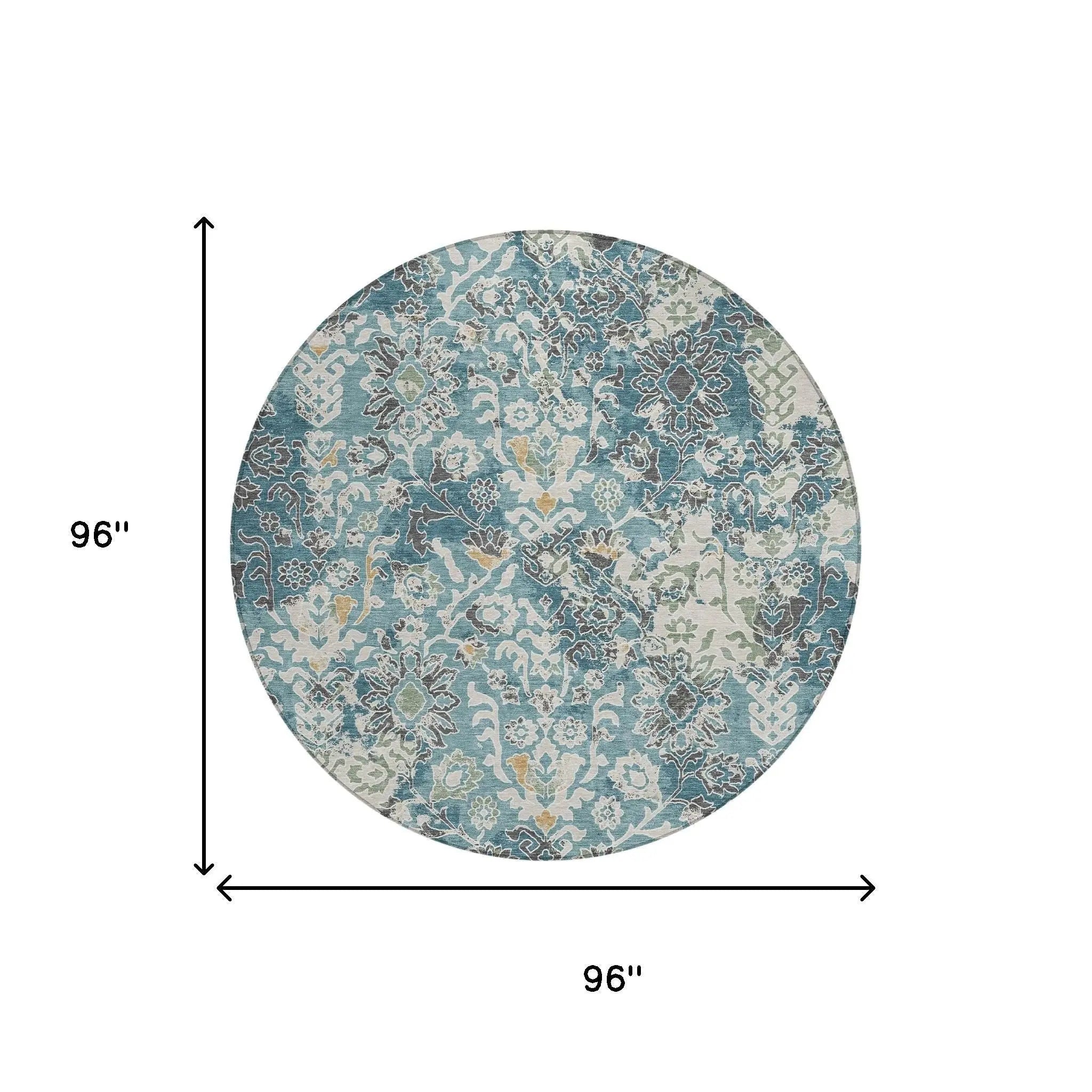 8' Teal Blue And Ivory Round Geometric Washable Indoor Outdoor Area Rug Homeroots Outdoor
