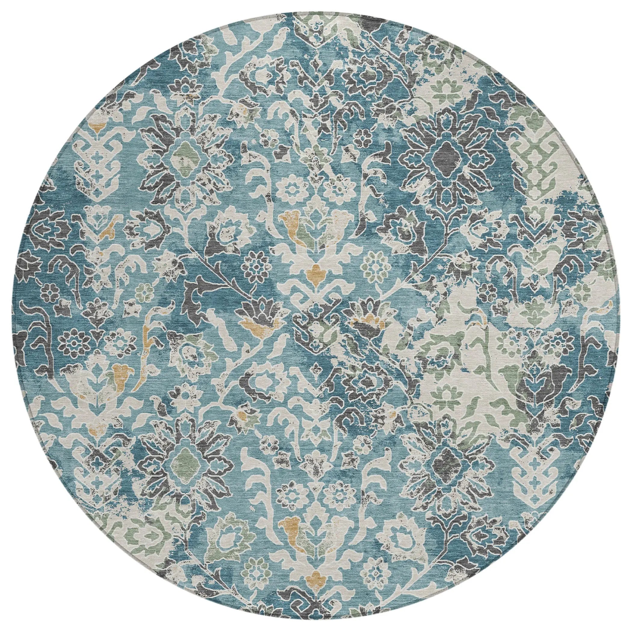 8' Teal Blue And Ivory Round Geometric Washable Indoor Outdoor Area Rug Homeroots Outdoor