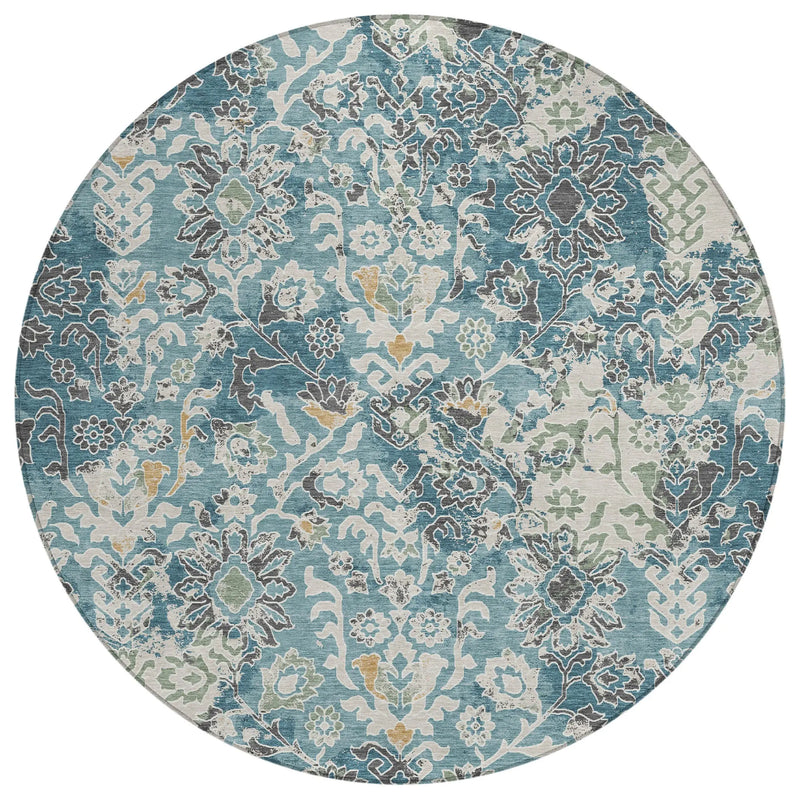 8' Teal Blue And Ivory Round Geometric Washable Indoor Outdoor Area Rug Homeroots Outdoor
