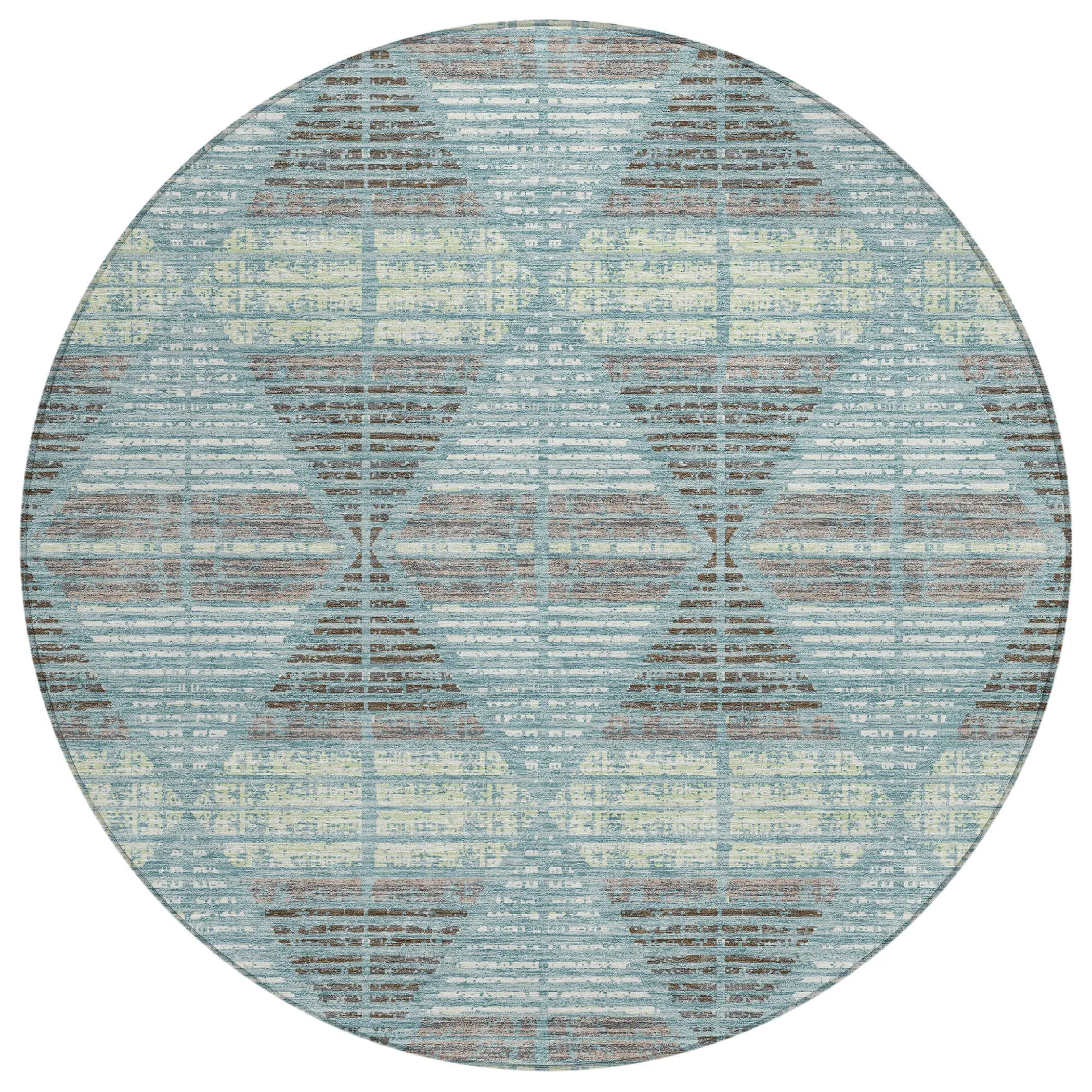 8' Teal Blue And Ivory Round Geometric Washable Indoor Outdoor Area Rug Homeroots Outdoor
