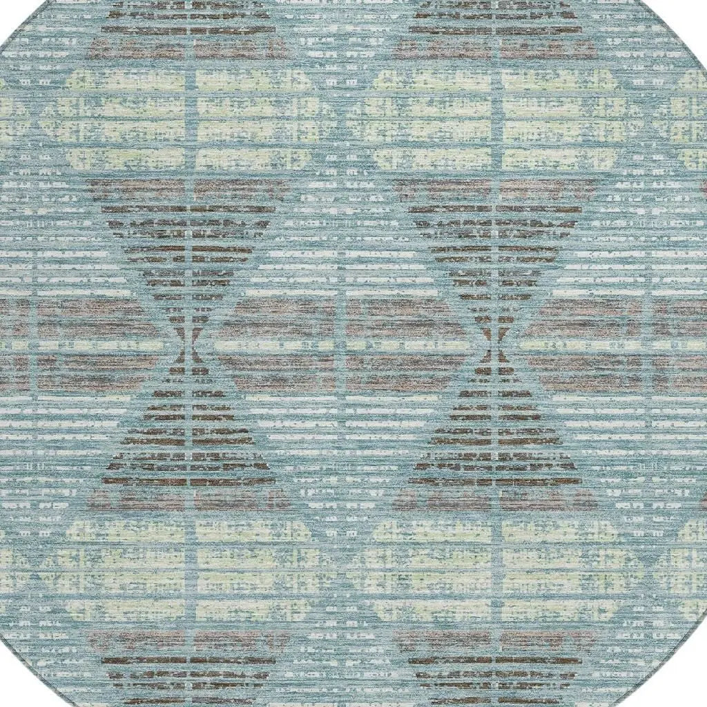 8' Teal Blue And Ivory Round Geometric Washable Indoor Outdoor Area Rug Homeroots Outdoor