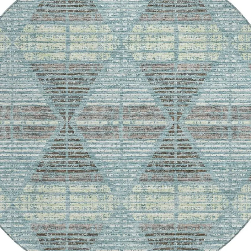 8' Teal Blue And Ivory Round Geometric Washable Indoor Outdoor Area Rug Homeroots Outdoor