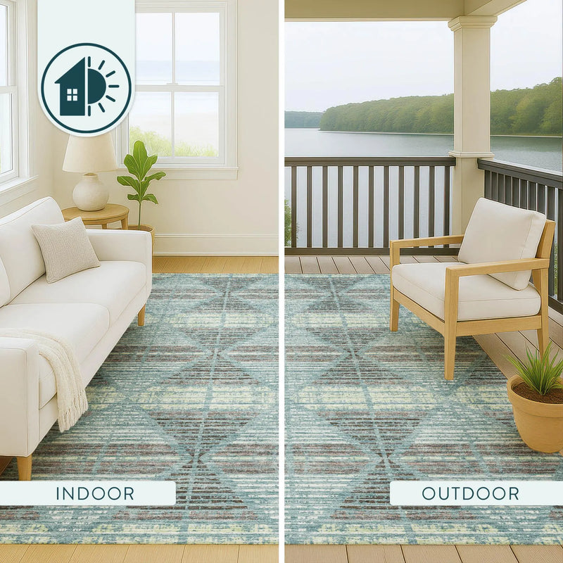 8' Teal Blue And Ivory Round Geometric Washable Indoor Outdoor Area Rug Homeroots Outdoor