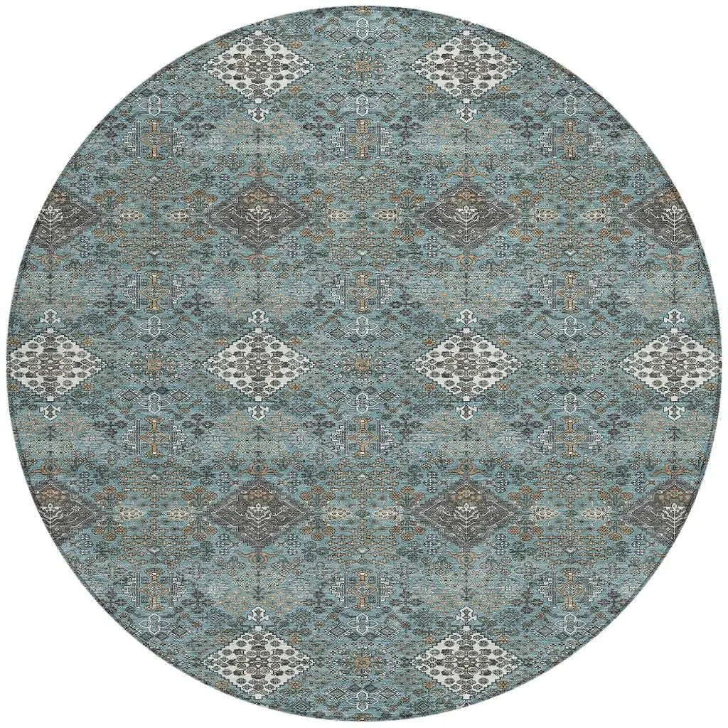 8' Teal Blue And Ivory Round Geometric Washable Indoor Outdoor Area Rug Homeroots Outdoor