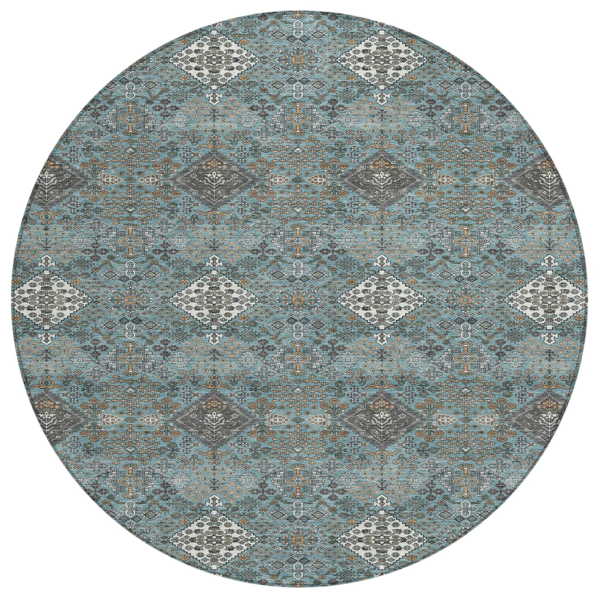 8' Teal Blue And Ivory Round Geometric Washable Indoor Outdoor Area Rug Homeroots Outdoor