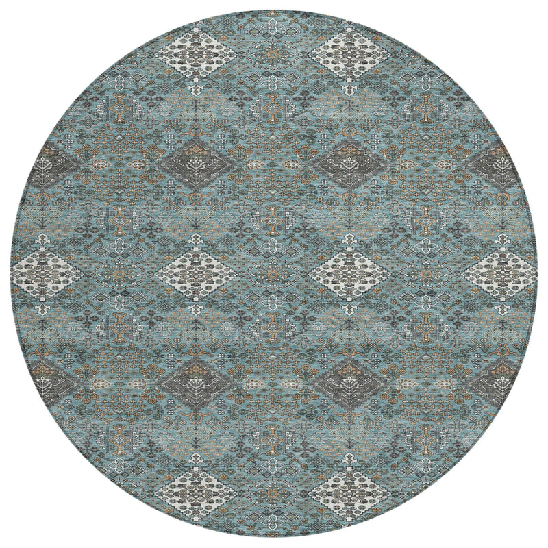 8' Teal Blue And Ivory Round Geometric Washable Indoor Outdoor Area Rug Homeroots Outdoor