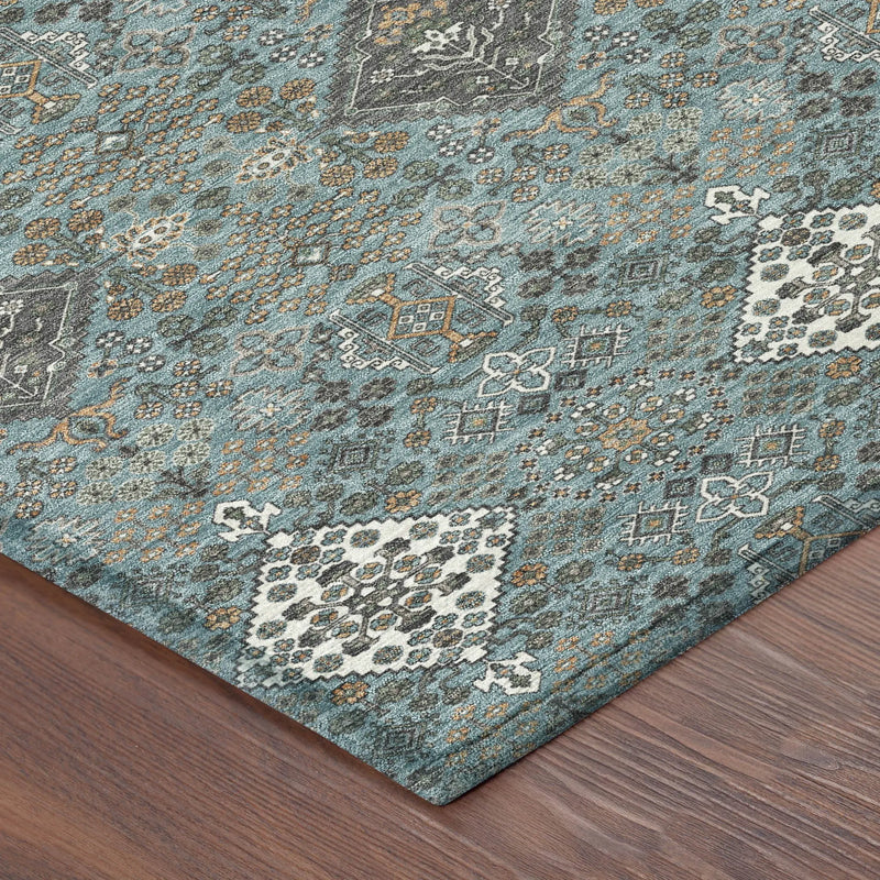 8' Teal Blue And Ivory Round Geometric Washable Indoor Outdoor Area Rug Homeroots Outdoor