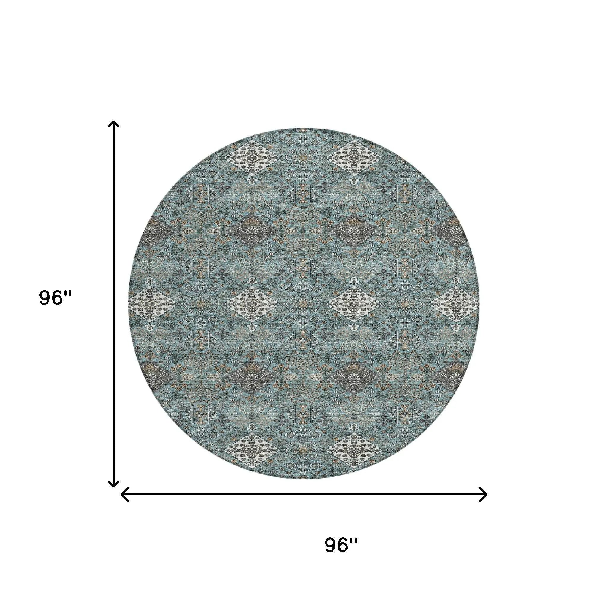 8' Teal Blue And Ivory Round Geometric Washable Indoor Outdoor Area Rug Homeroots Outdoor