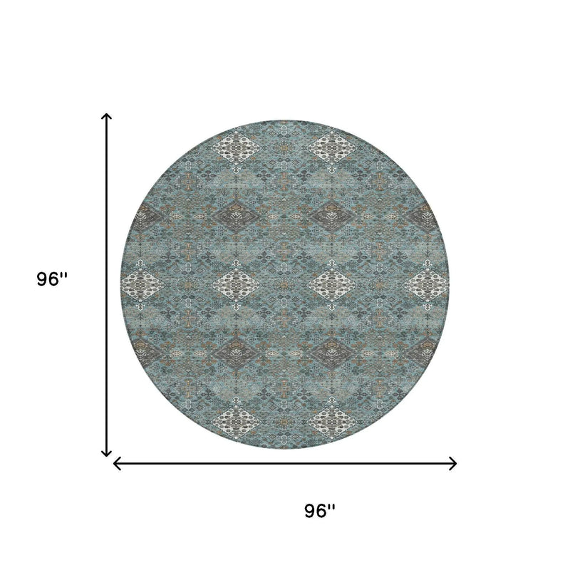 8' Teal Blue And Ivory Round Geometric Washable Indoor Outdoor Area Rug Homeroots Outdoor