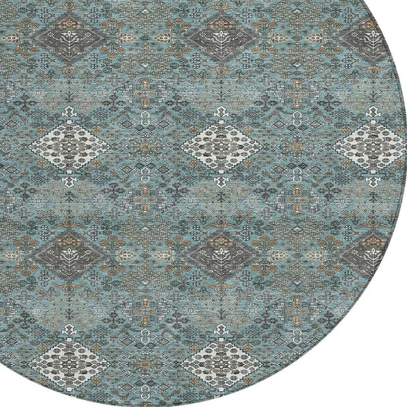 8' Teal Blue And Ivory Round Geometric Washable Indoor Outdoor Area Rug Homeroots Outdoor