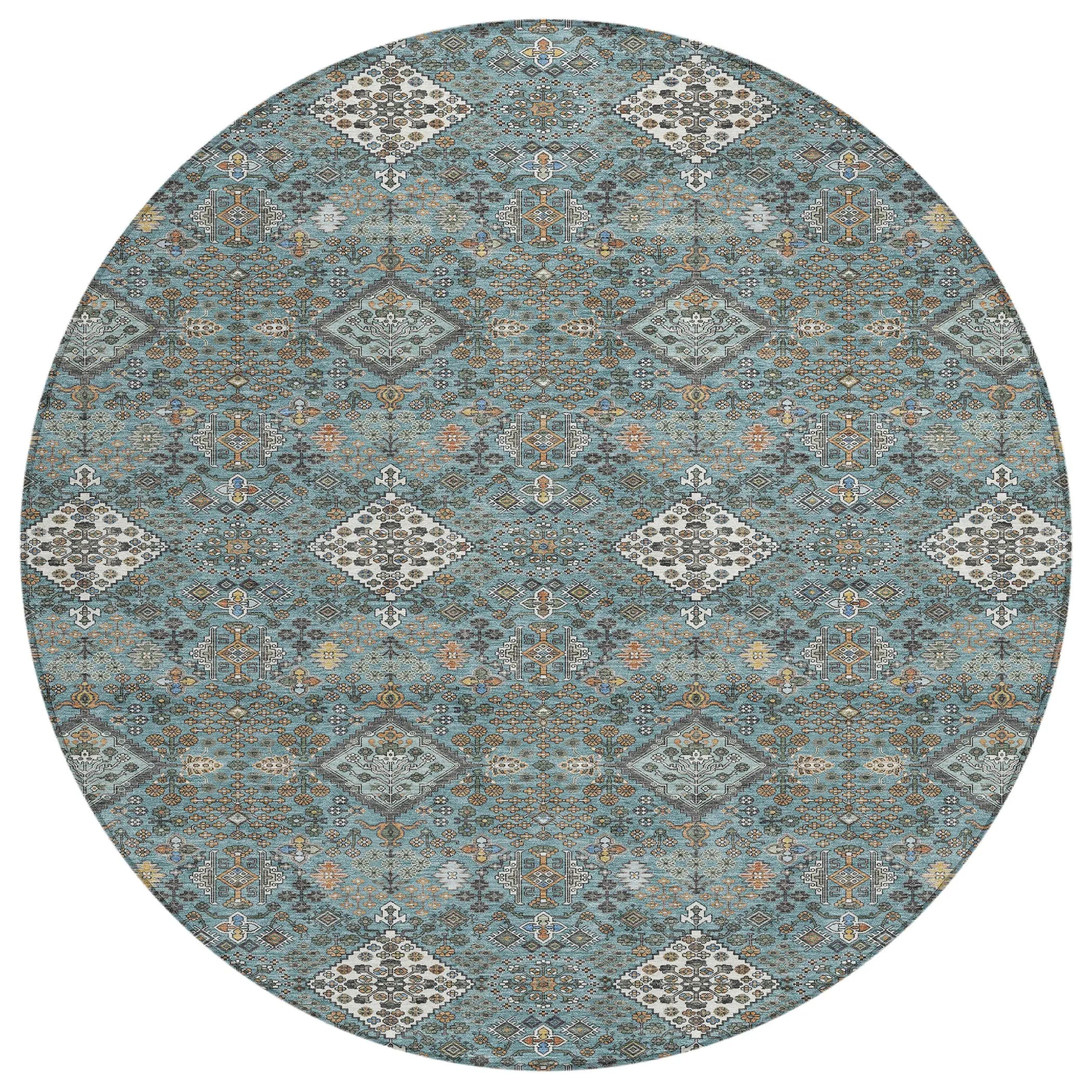 8' Teal Blue And Ivory Round Geometric Washable Indoor Outdoor Area Rug Homeroots Outdoor