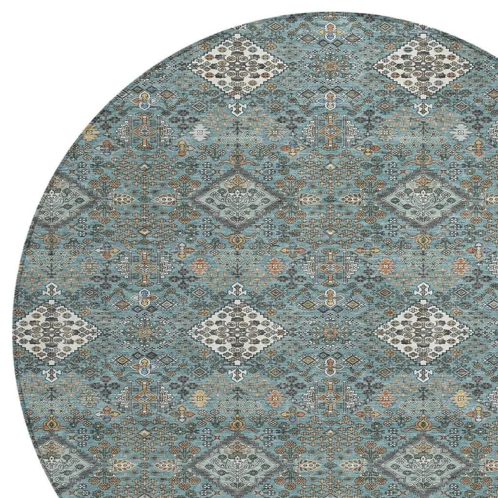 8' Teal Blue And Ivory Round Geometric Washable Indoor Outdoor Area Rug Homeroots Outdoor