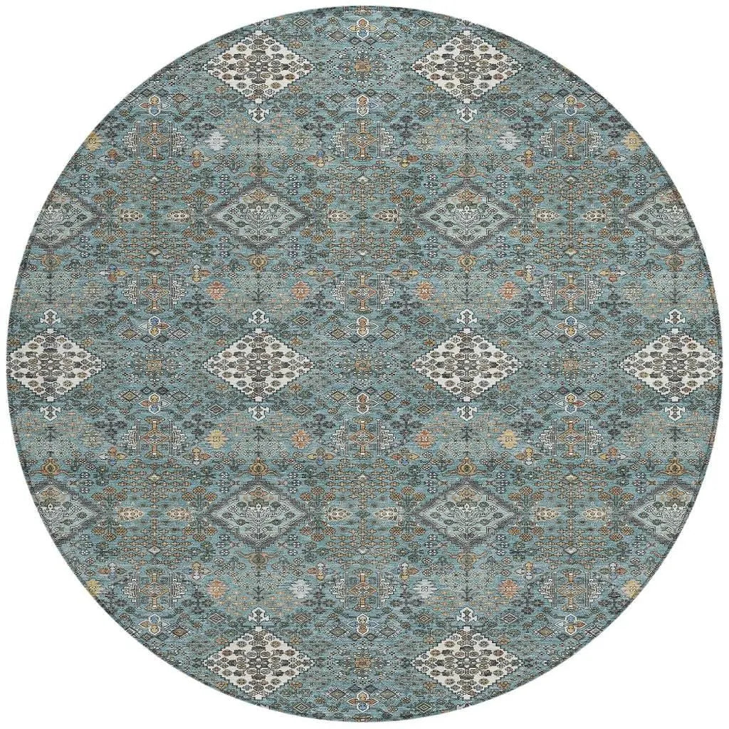 8' Teal Blue And Ivory Round Geometric Washable Indoor Outdoor Area Rug Homeroots Outdoor
