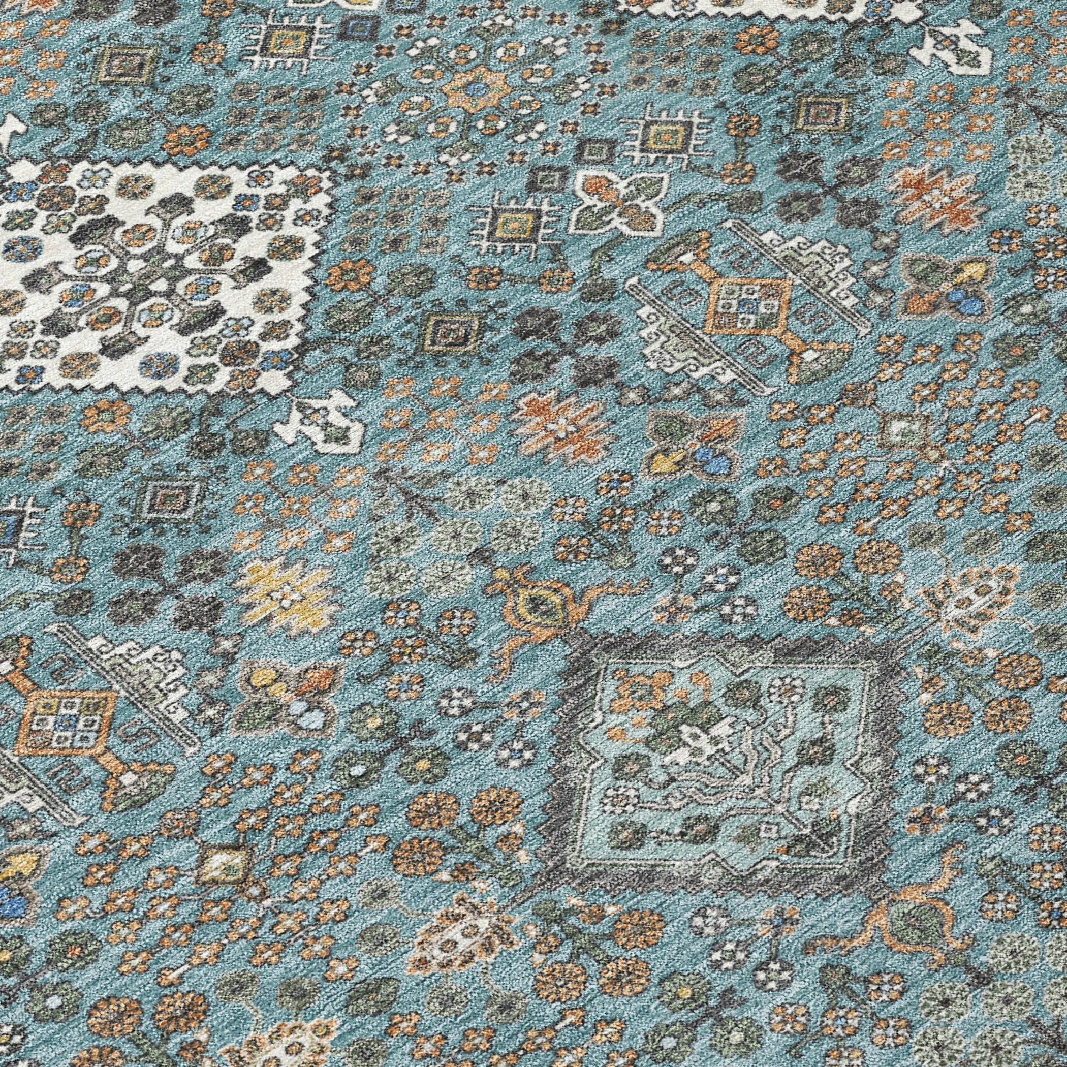 8' Teal Blue And Ivory Round Geometric Washable Indoor Outdoor Area Rug Homeroots Outdoor